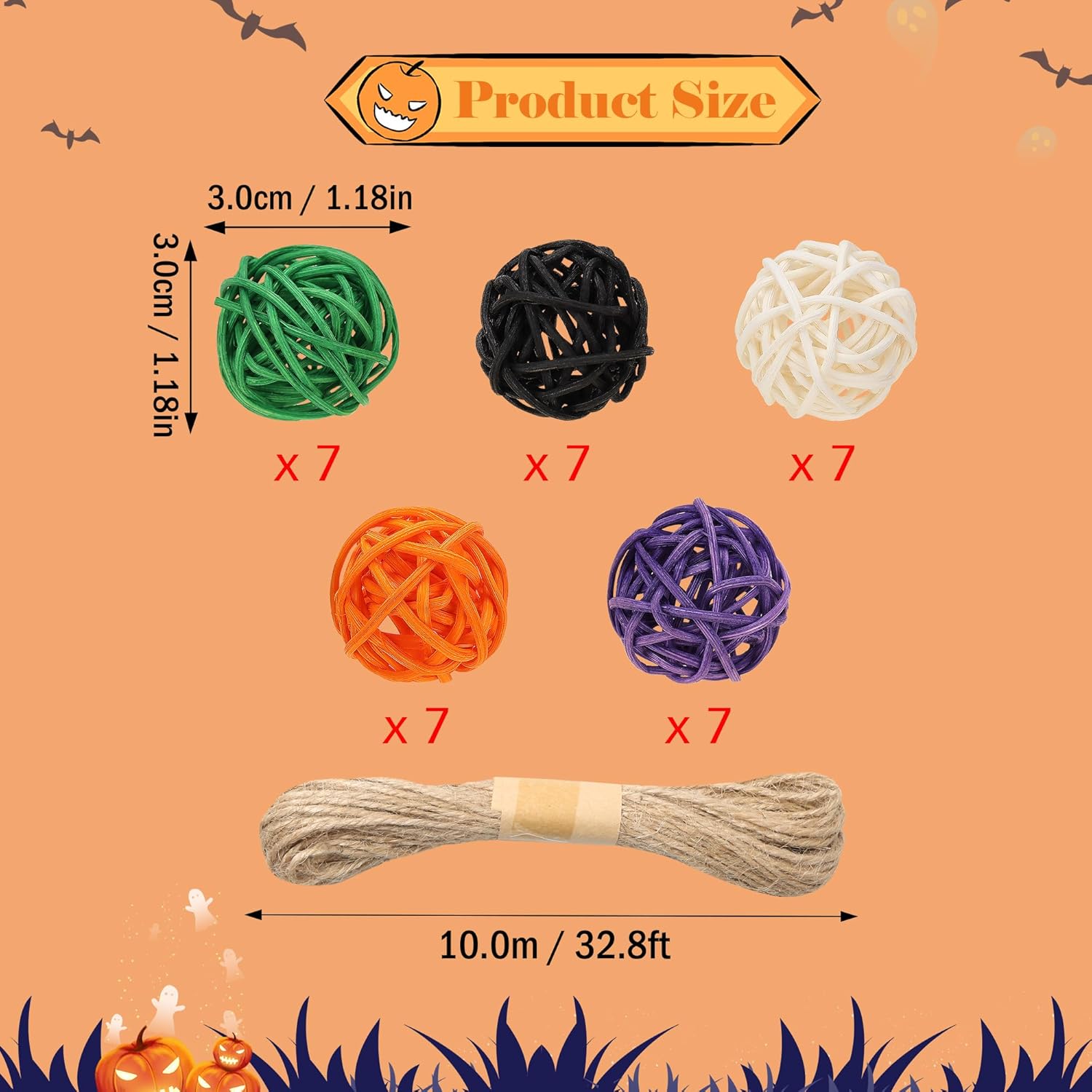 35Pcs Halloween Rattan Balls Decorations, 1.18In/3Cm Black White Green Orange Purple Natural Wicker Balls Ornament Vase Filler With Hemp Rope For Halloween Tree Table Decor Party Supplies