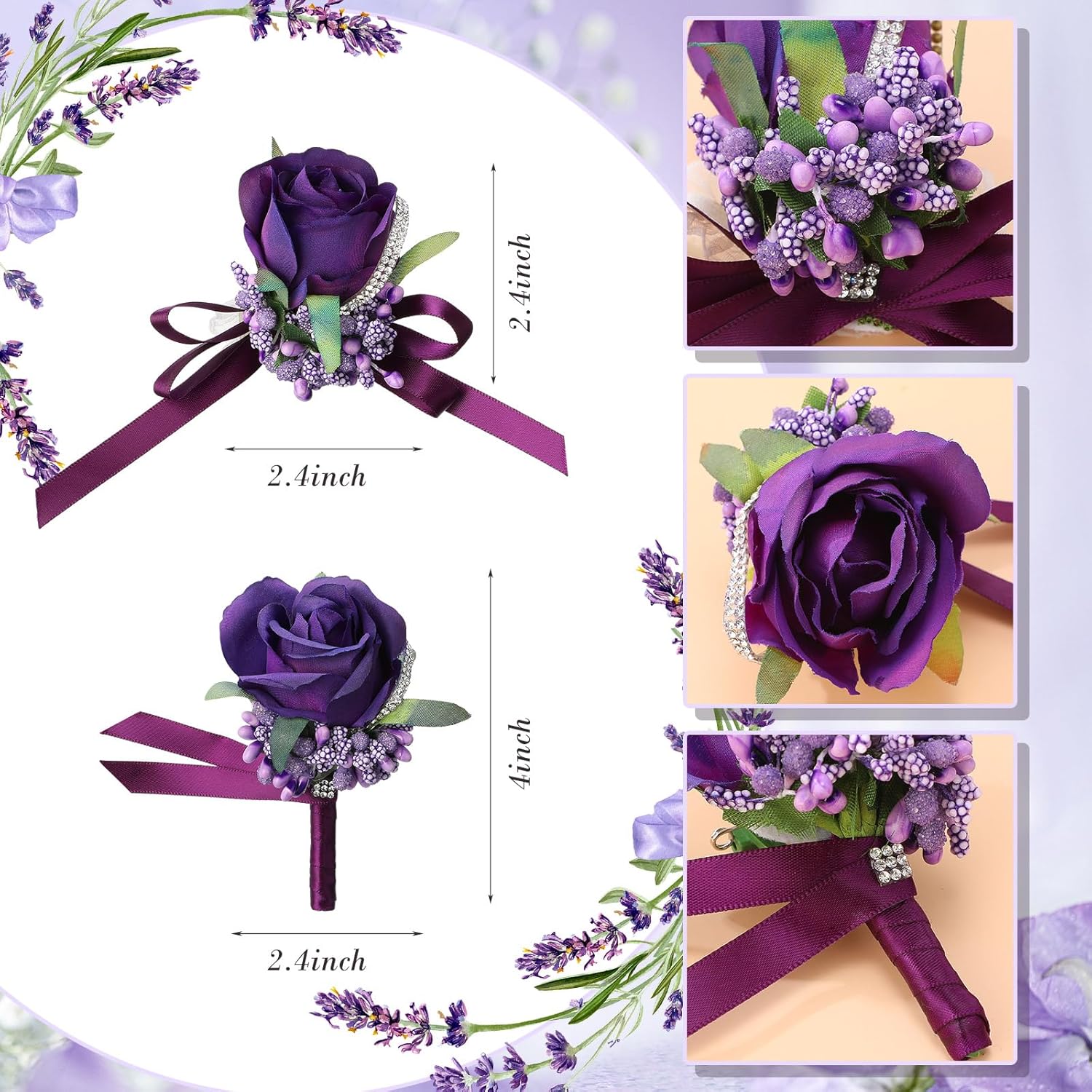 20 Pcs Wedding Corsage And Boutonniere Set Homecoming Artificial Corsage Wristlet And Boutonniere For Men Women Bride Bridesmaid Wedding Flowers Accessories Prom Suit Decorations (Purple)