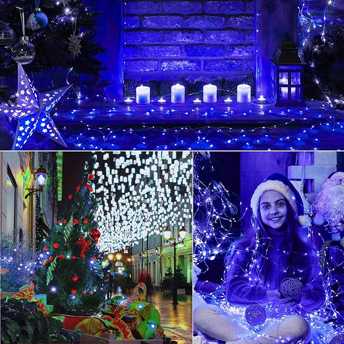 100 LED Blue Fairy Lights Battery Operated 32.5FT Copper Wire String Lights with Remote Timer Starry Twinkle Lights for Indoor Outdoor Decor