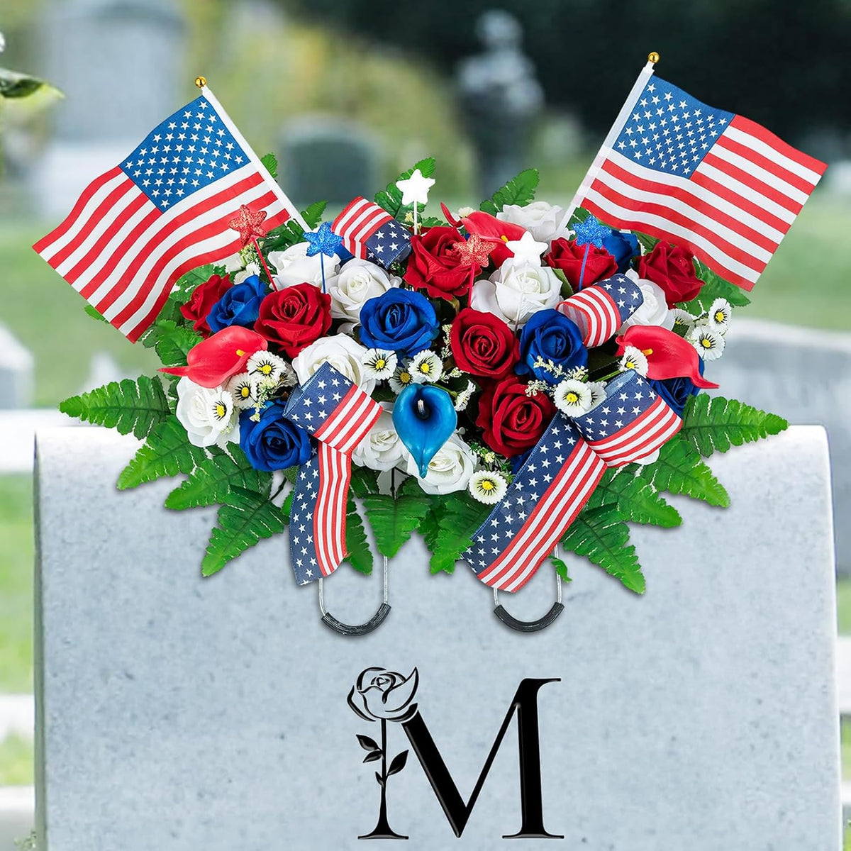 Memorial Day Decorations For Cemetery: Artificial Outdoor Grave Decorations Headstone Flower Saddle - Red White Blue Roses With Flags