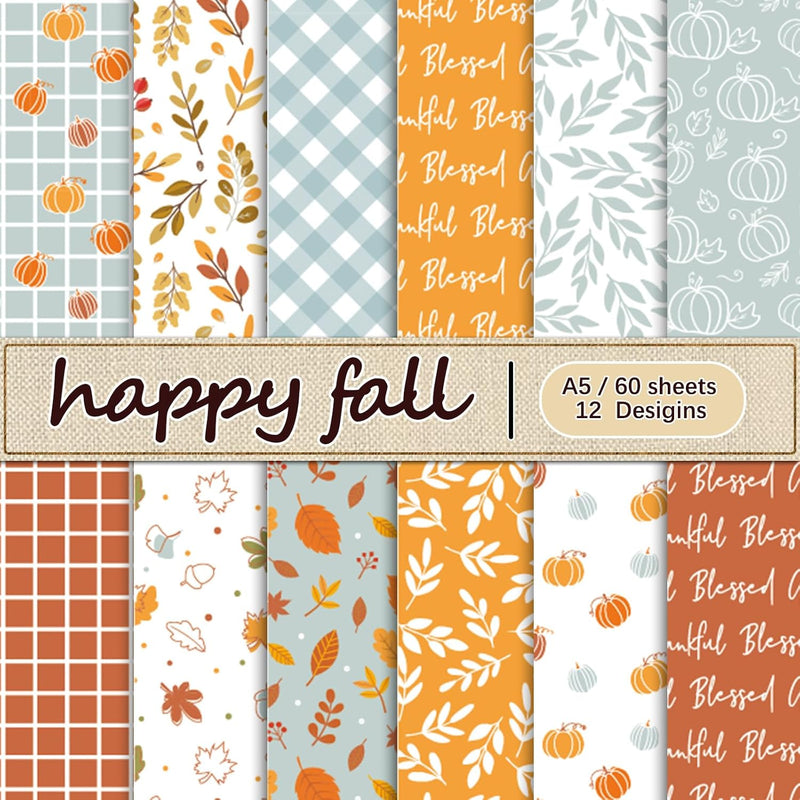 60 Pcs Fall Pattern Paper Autumn Leaves Pumpkin Plaid Waves Craft Pape