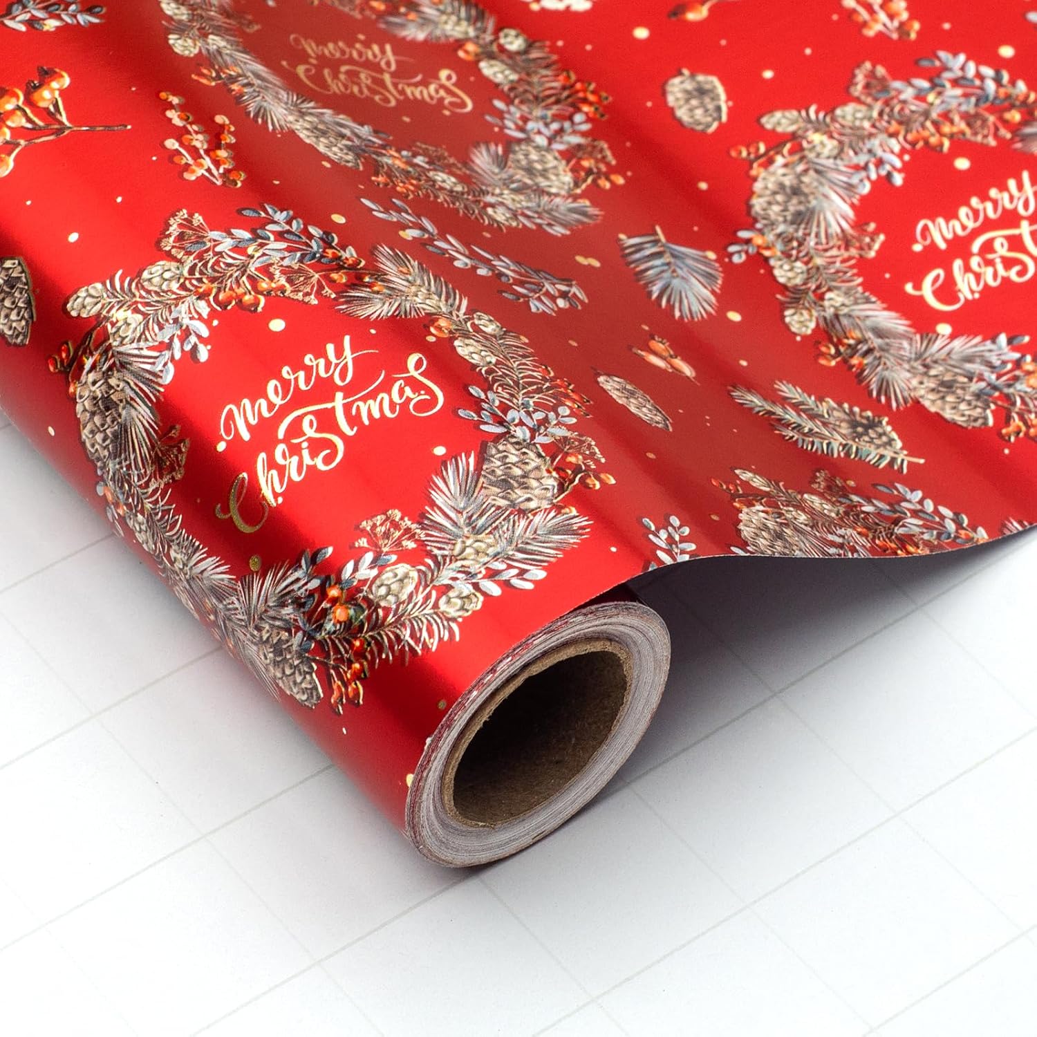 Mini Christmas Wrapping Paper Roll (17 Inches X 32.8 Feet) - Pinecones On Red With Metallic Shine For Small/Medium Gifts, Xmas Party