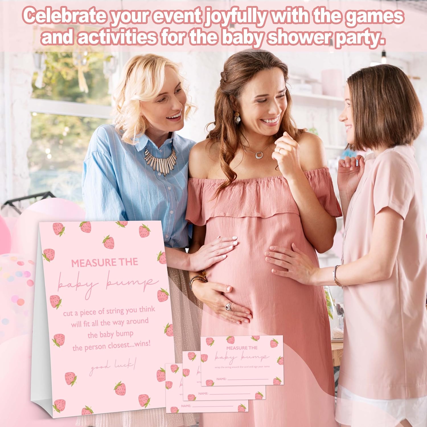 Baby Shower Games For Girl, Strawberry Measure The Baby Bump, 1 Self-Standing Sign With 50 Tickets, Hilarious Babies Shower Games For Gender Reveal Party - A03