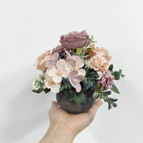 Artificial Flowers Mini Potted Plants Kit, Purple Peony Hydrangea Greenery + Paper Pulp Round Vase, Small Fake Plant Potted Decor For Offices, Bookshelf, Bedroom, Living Room, Party, Wedding