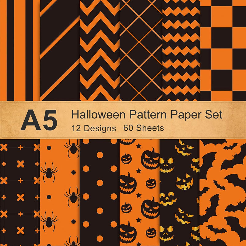 12 Designs Halloween Pattern Paper Set A5 Size Orange Black Craft Paper 60 She