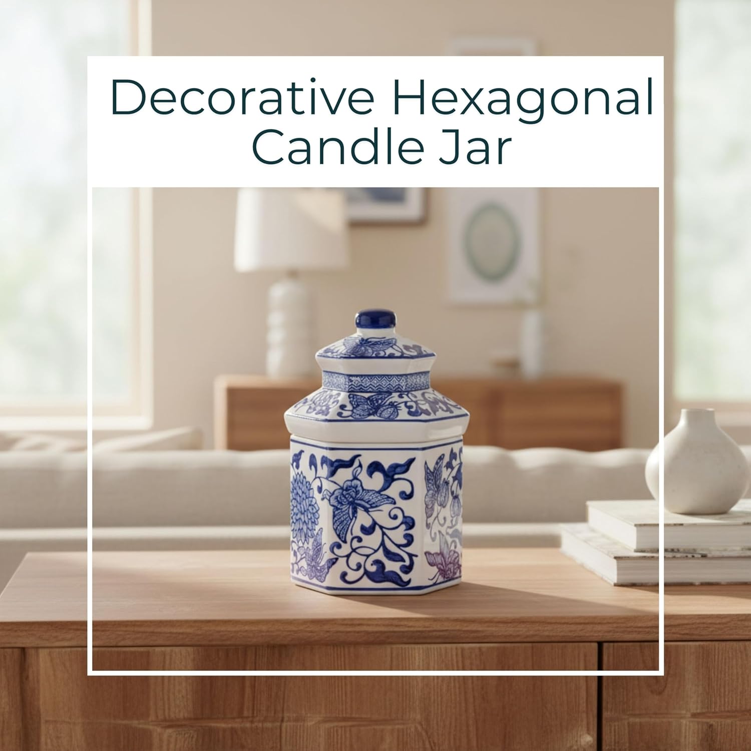 Chinoiserie Ceramic Jar Candle With Lid - Hand-Painted Blue & White Hexagonal Stoneware - Decorative Boho Home & Office Accent - 7" Blue & White