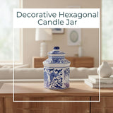 Chinoiserie Ceramic Jar Candle With Lid - Hand-Painted Blue & White Hexagonal Stoneware - Decorative Boho Home & Office Accent - 7" Blue & White