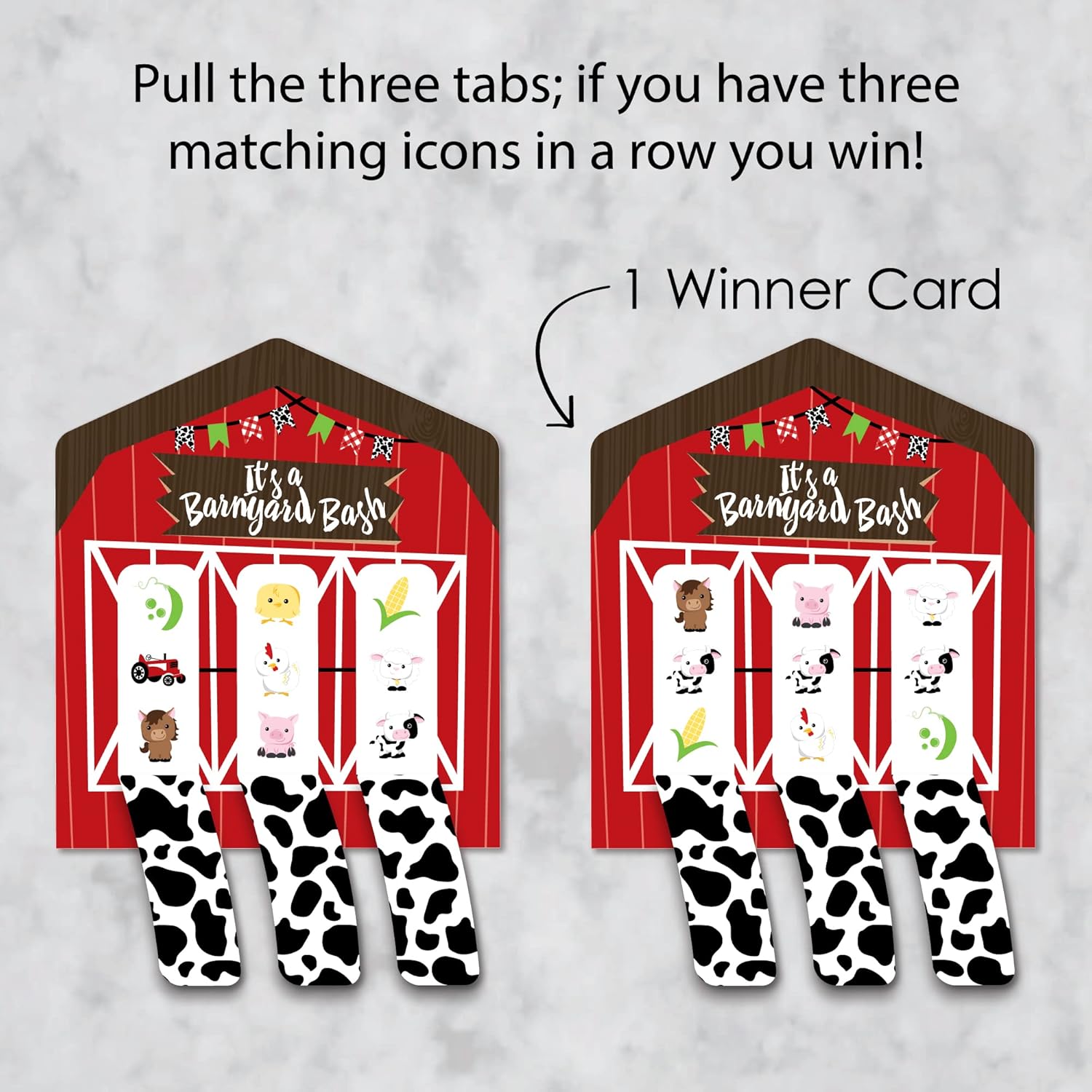Big Dot of Happiness Farm Animals - Barnyard Baby Shower or Birthday Party Game Pickle Cards - Pull Tabs 3-in-a-Row - Set of 12