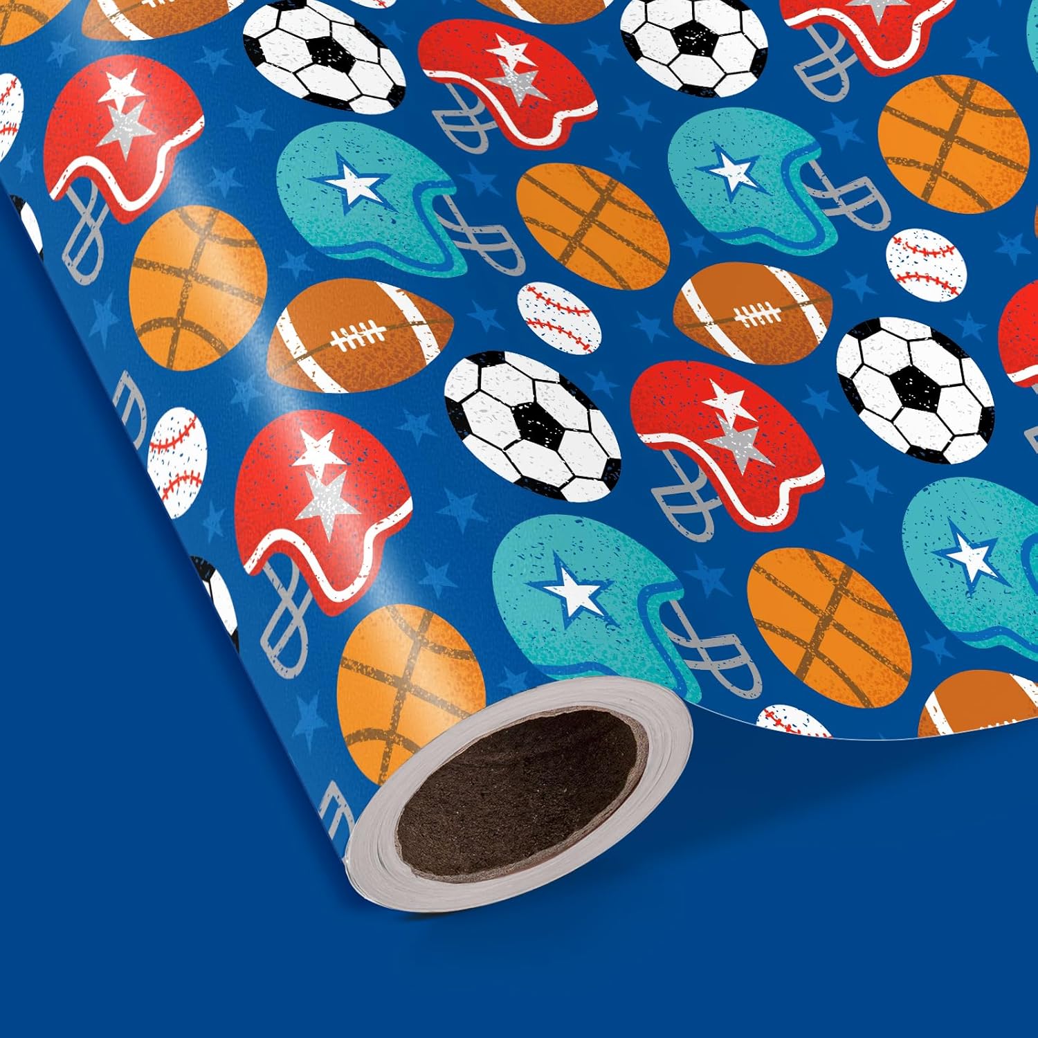 Reversible Football Wrapping Paper - Mini Roll - 17 Inch X 33 Feet - Ball Design With Solid Blue Design For Birthday, Holiday, Baby Shower
