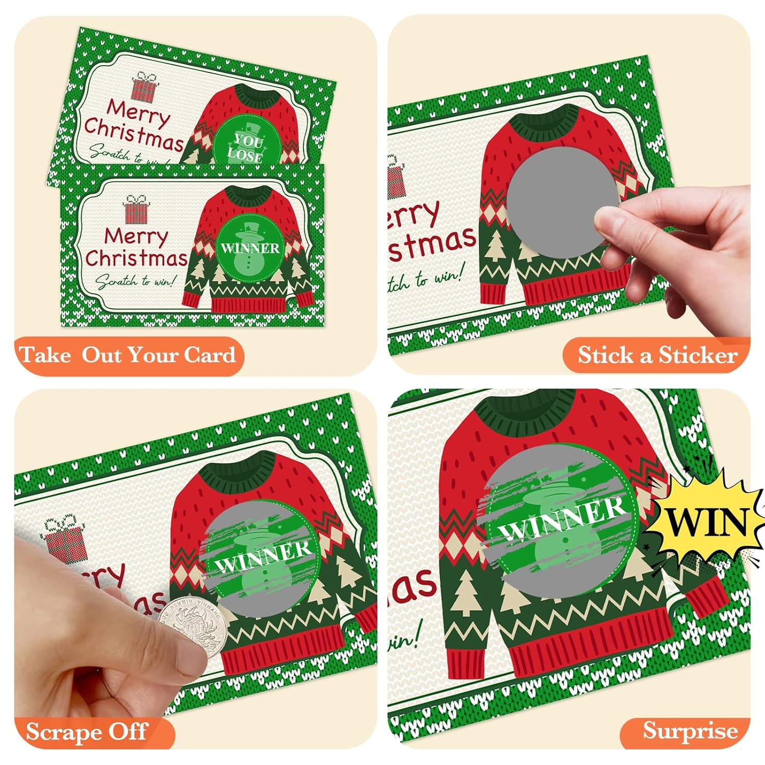 Christmas Scratch Off Cards, 50Pcs Ugly Sweater Party Scratch Off Tickets, Xmas Holiday Game Cards For Adults Family Groups Supplies Classroom Activities - C02