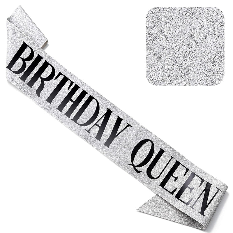 'Birthday Queen' Sash Glitter With Black Foil - Silver Glitter Happy B