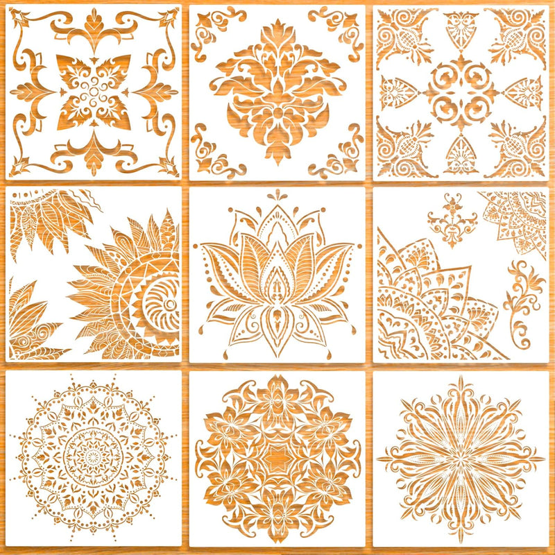 9 Pack (12X12 Inch) Large Reusable Stencil Mandala Stencil Laser Cut Painting