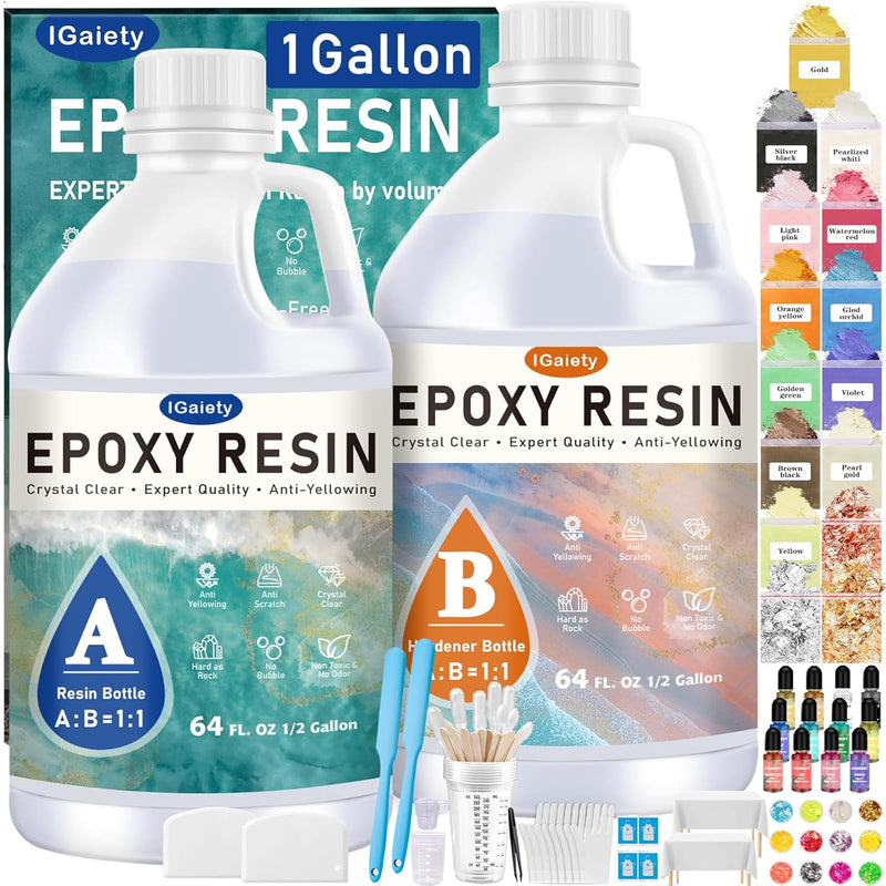 1 Gallon Epoxy Resin, Epoxy Resin Kit, Crystal Clear Epoxy Kit, No Yellowing Self-Leveling Deep Pour Epoxy Resin High-Glossy Casting Perfect For Crafts, Table Tops(0.5 Gallon X 2)