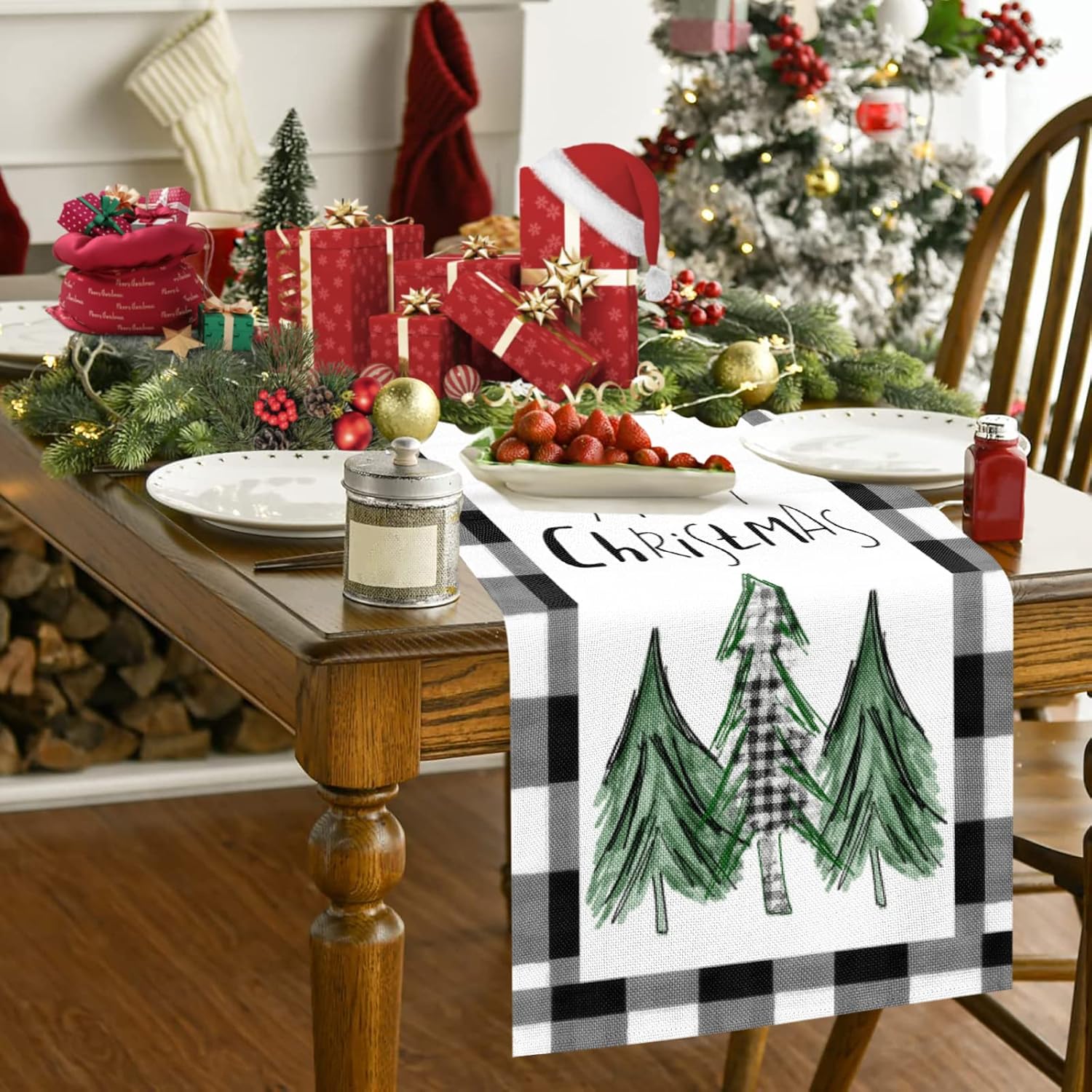 Merry Christmas Trees Table Runner 72 Inch Xmas Winter Holiday Black And White Buffalo Plaid Table Cloth Decorations For Home Dining Room Party Decor
