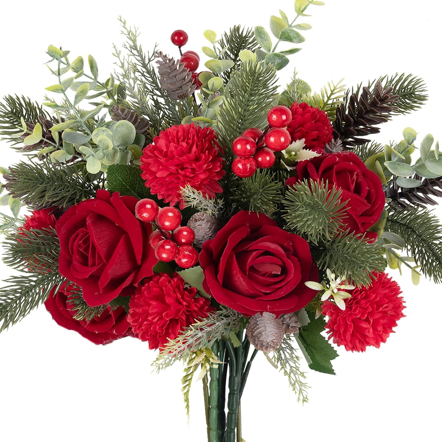 Christmas Artificial Flowers Red Berries Green Pine Neddles Fake Christmas Flowers Bouquet With Roses And Hydrangea Christmas Floral Arrangement For Home Table Holiday Wedding Grave Decor (13")