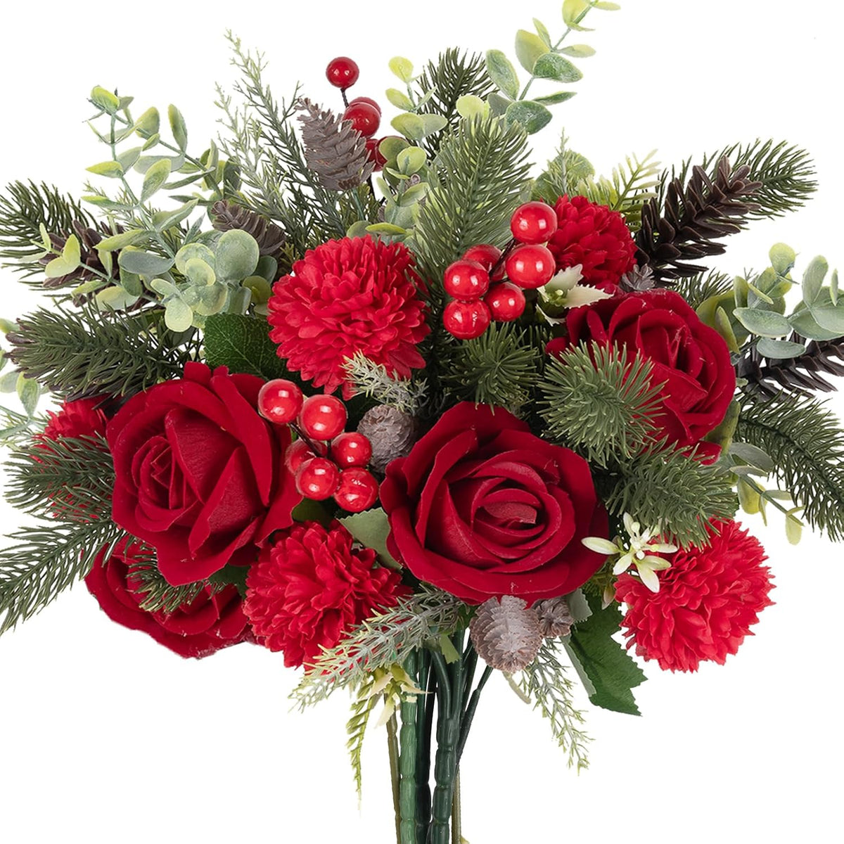 Christmas Artificial Flowers Red Berries Green Pine Neddles Fake Christmas Flowers Bouquet With Roses And Hydrangea Christmas Floral Arrangement For Home Table Holiday Wedding Grave Decor (13")