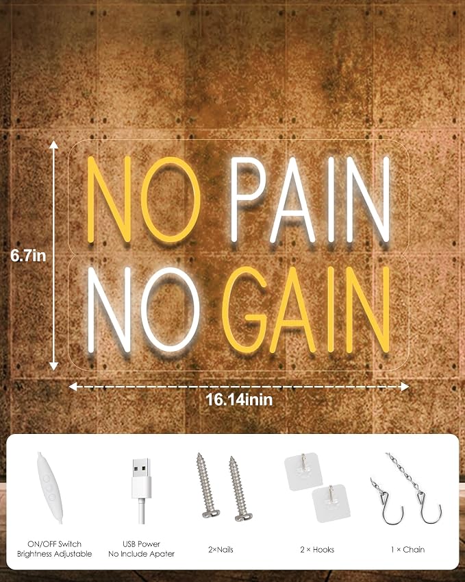 No Pain No Gain Neon Sign Yellow LED Wall Light USB Gym Motivational Room Decor