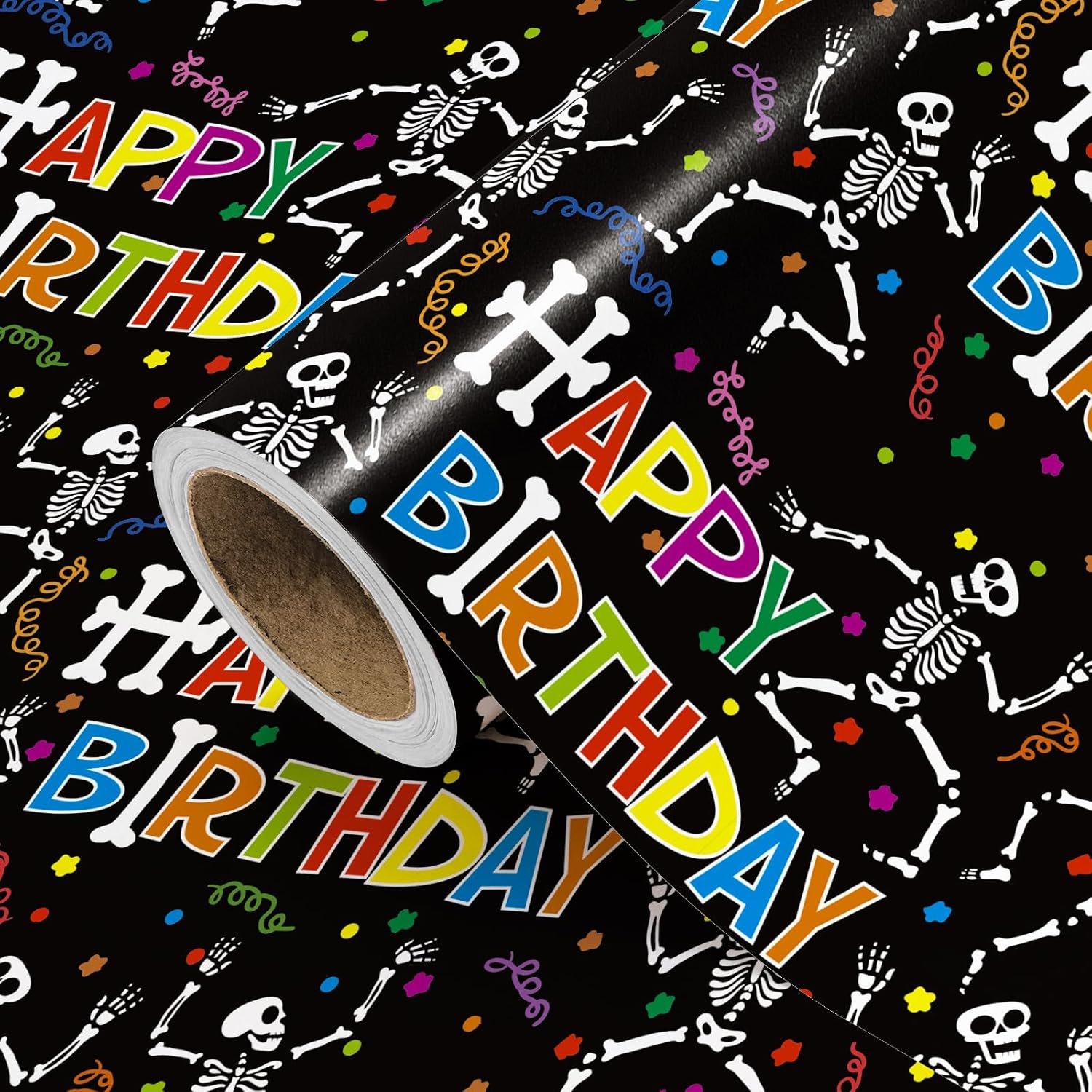 Birthday Wrapping Paper Roll - Mini Roll - 17 Inch X 16.5 Feet - Colorful Skeletons And Happy Birthday Wrapping Paper For Kids Girls Boys, Halloween