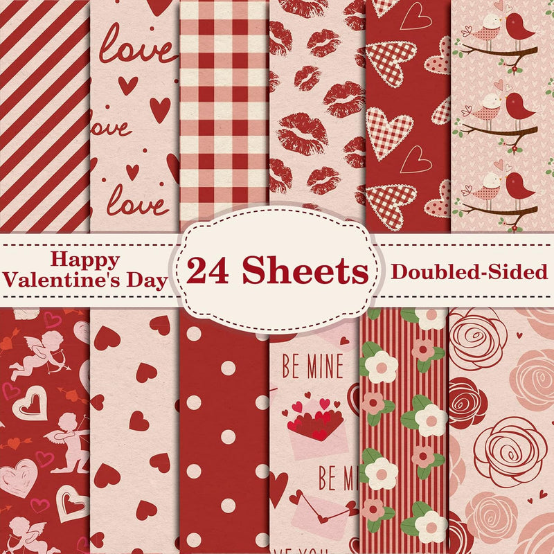 12 Designs Valentine Pattern Paper Pack 24 Sheet Heart Rose Lip Vintag