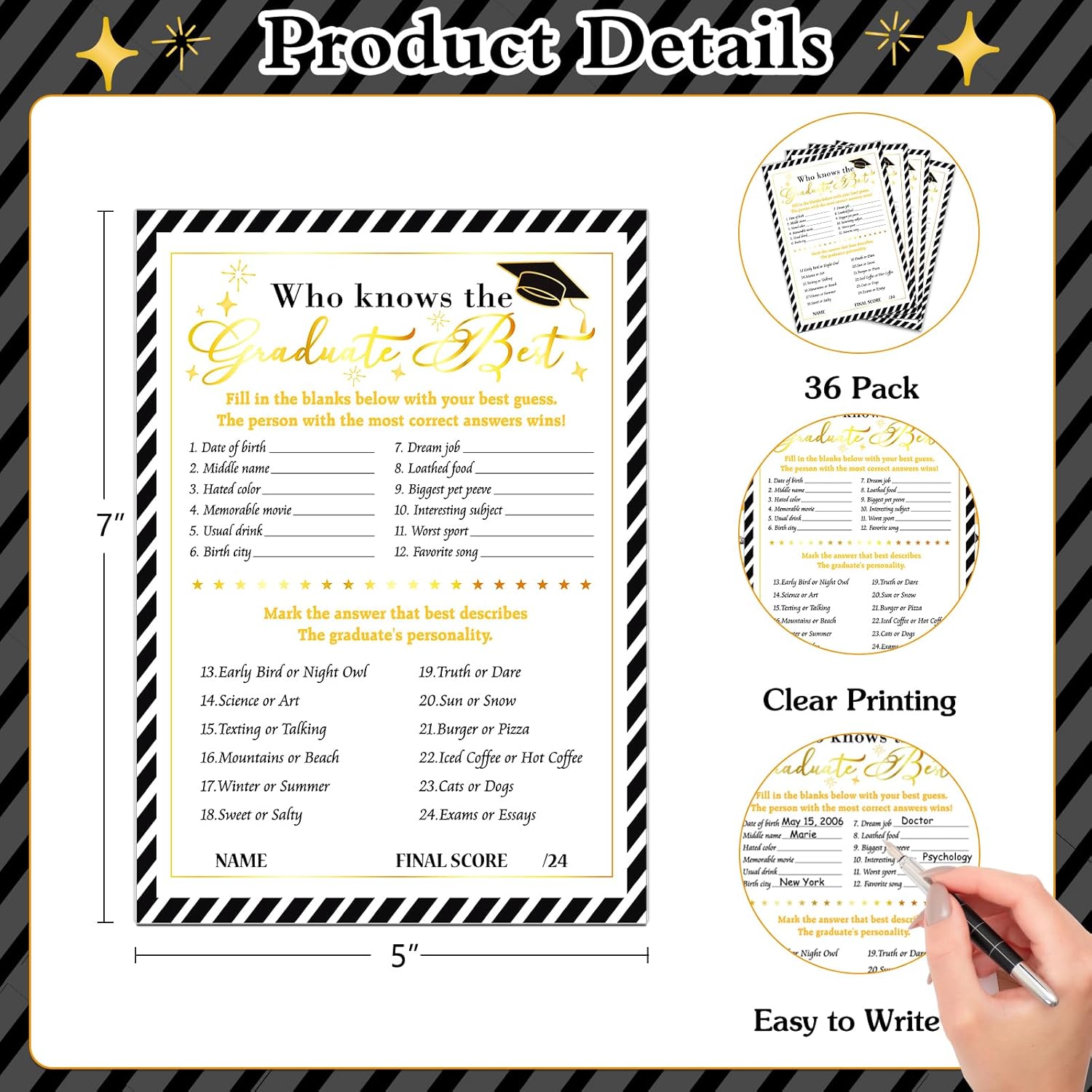 36Pcs Graduation Game Card Class Of 2025 Graduation Party Games Card Who Knows Graduate Best Graduation Games For Senior High School College Graduation Party Favor Activities