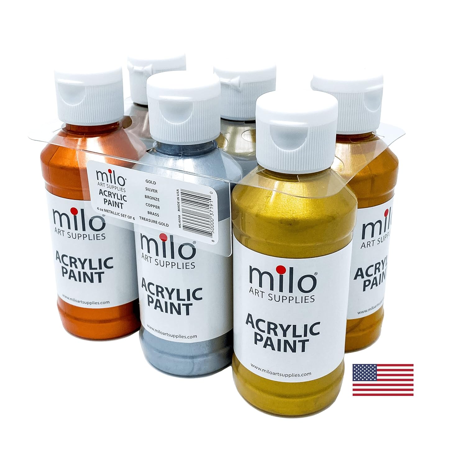 milo Metallic Acrylic Paint Set of 6 Colors | 4 oz Bottles | Student Metallic Colors Acrylics Painting Pack | Made in the USA | Non-Toxic Arts & Crafts Paints for Artists & Hobby Painters