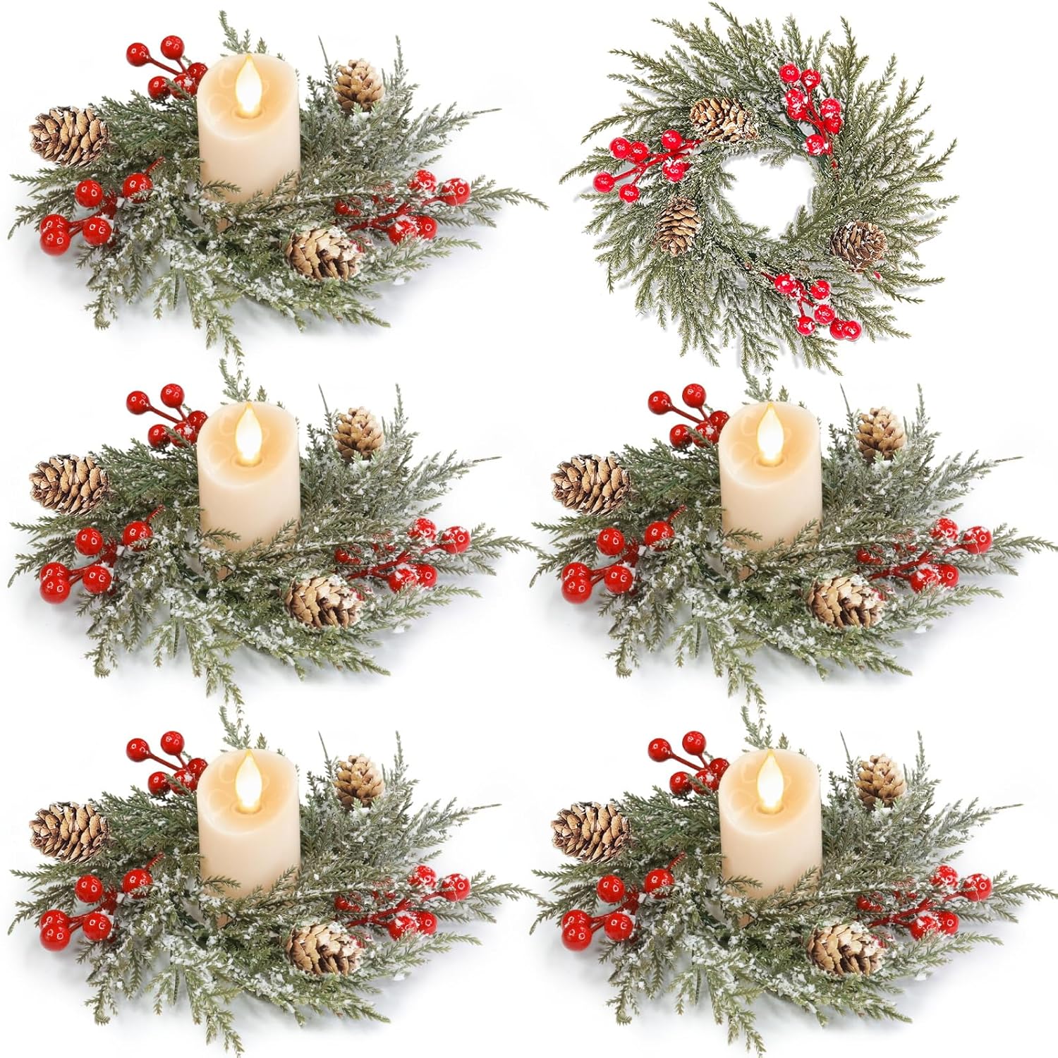 6 Pack Flocked Mini Christmas Wreath Candle Rings – 9"X3.5" Snowy Cypress Wreaths With 20 Branches 21 Red Berries & 3 Pinecones, Small Xmas Candle Wreath Decor For Cabinet Table Centerpiece Holiday
