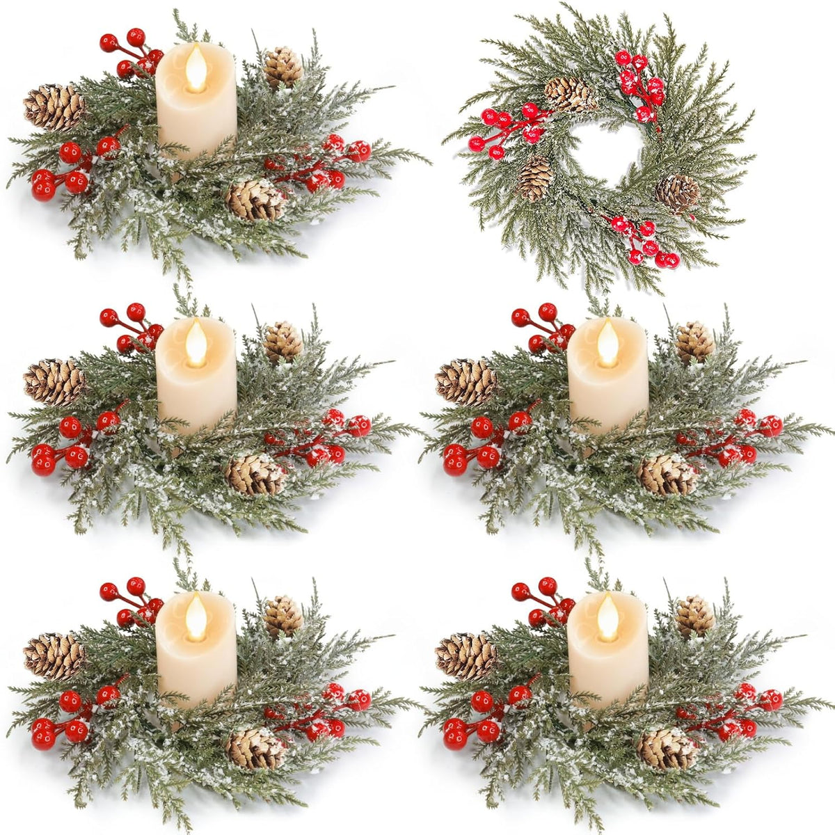 6 Pack Flocked Mini Christmas Wreath Candle Rings – 9"X3.5" Snowy Cypress Wreaths With 20 Branches 21 Red Berries & 3 Pinecones, Small Xmas Candle Wreath Decor For Cabinet Table Centerpiece Holiday