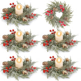 6 Pack Flocked Mini Christmas Wreath Candle Rings – 9"X3.5" Snowy Cypress Wreaths With 20 Branches 21 Red Berries & 3 Pinecones, Small Xmas Candle Wreath Decor For Cabinet Table Centerpiece Holiday