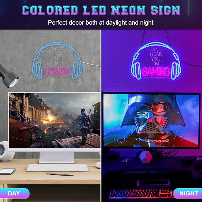 Large Gaming Neon Sign USB Dimmable LED Headset Wall Decor for Game Room Bedroom