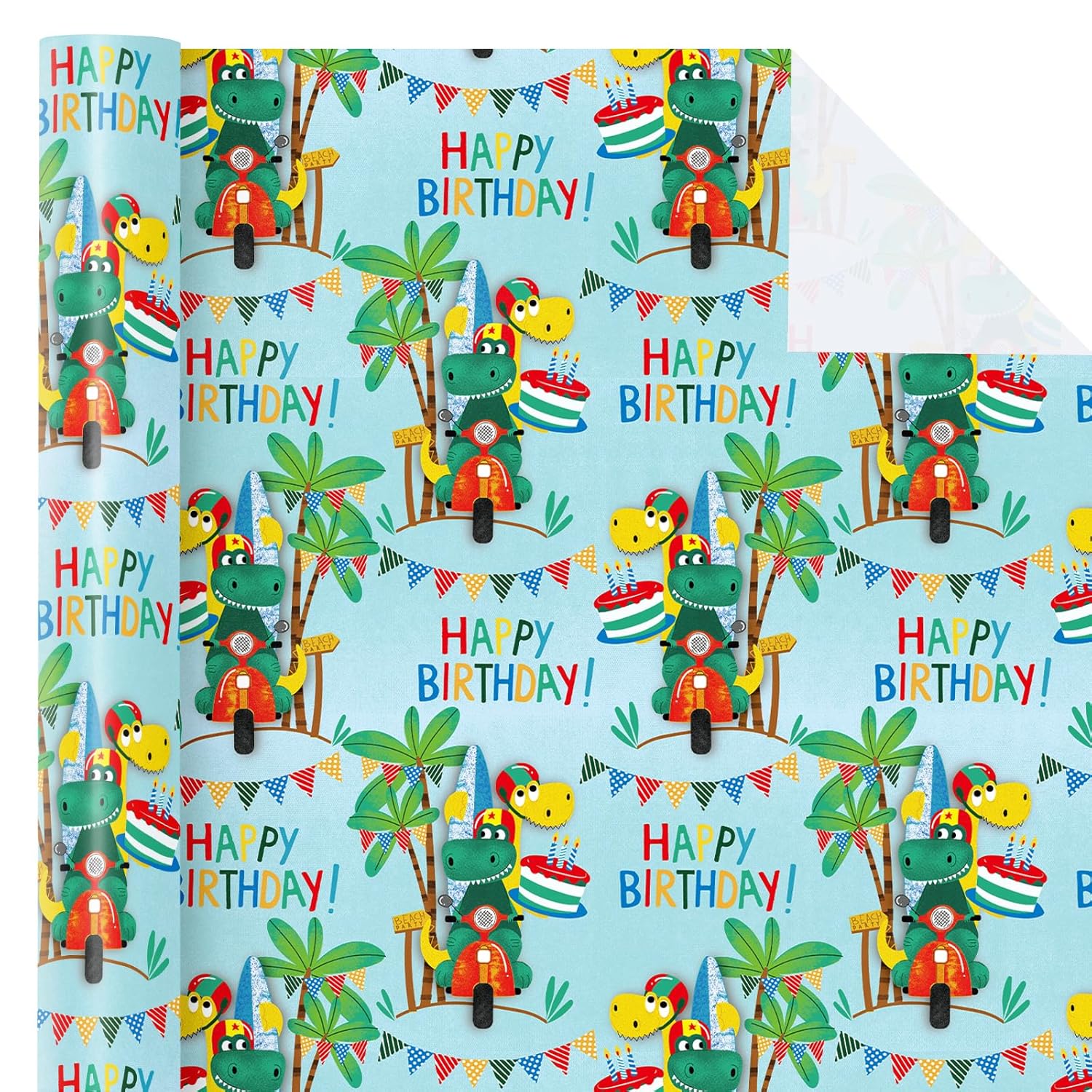 Birthday Dinosaur Wrapping Paper Roll - Mini Roll - 17 Inch X 9.8 Feet - Dinosaur And Happy Birthday Wrapping Paper, Perfect For Girl Kids Boy, Baby Shower, Party, Holiday