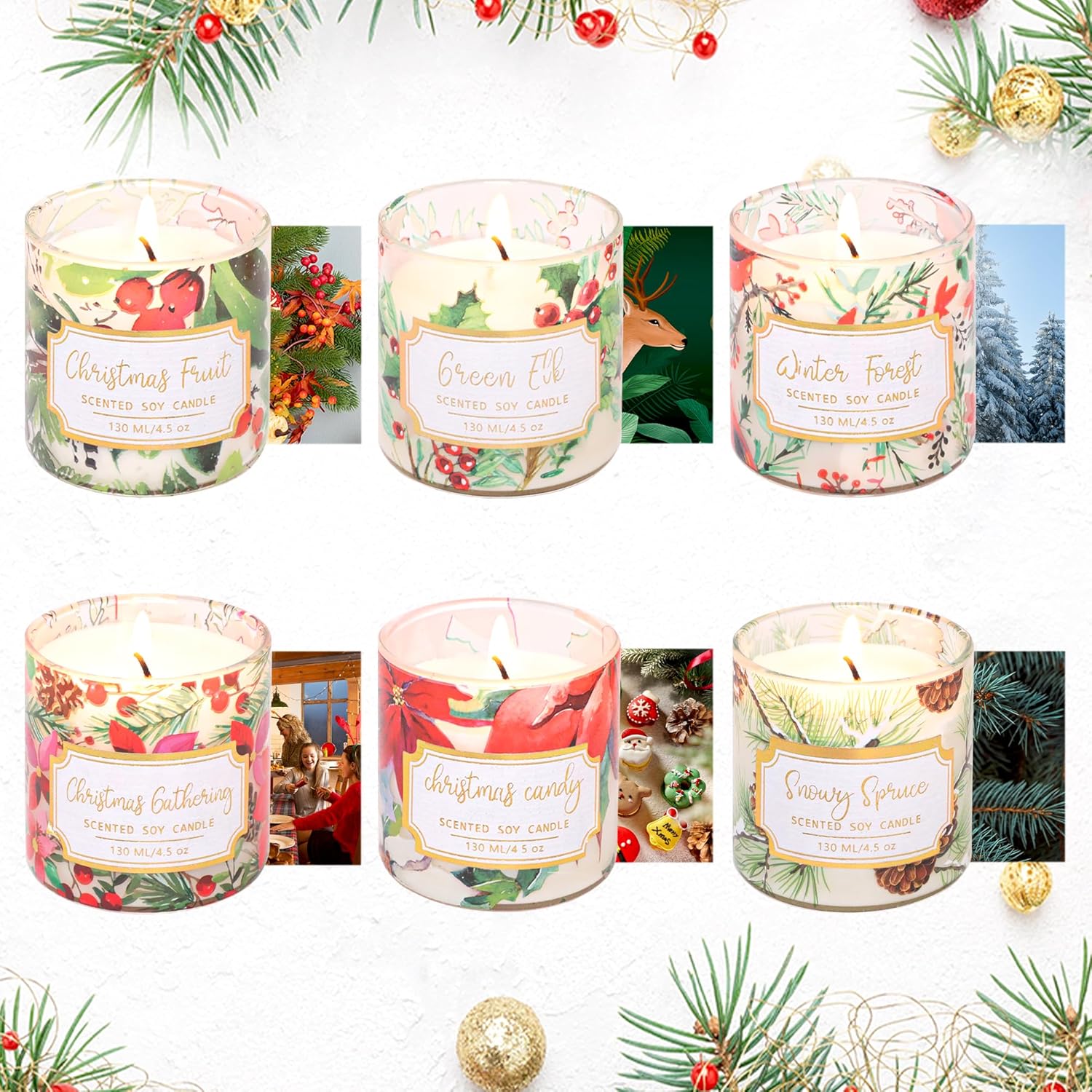 Christmas Jar Scented Candles: 4.5Oz Soy Wax Scented Candles, Glass Jar Candles With 6 Fragrances, Aromatherapy Candles For Women, Christmas Gift, Home Decor