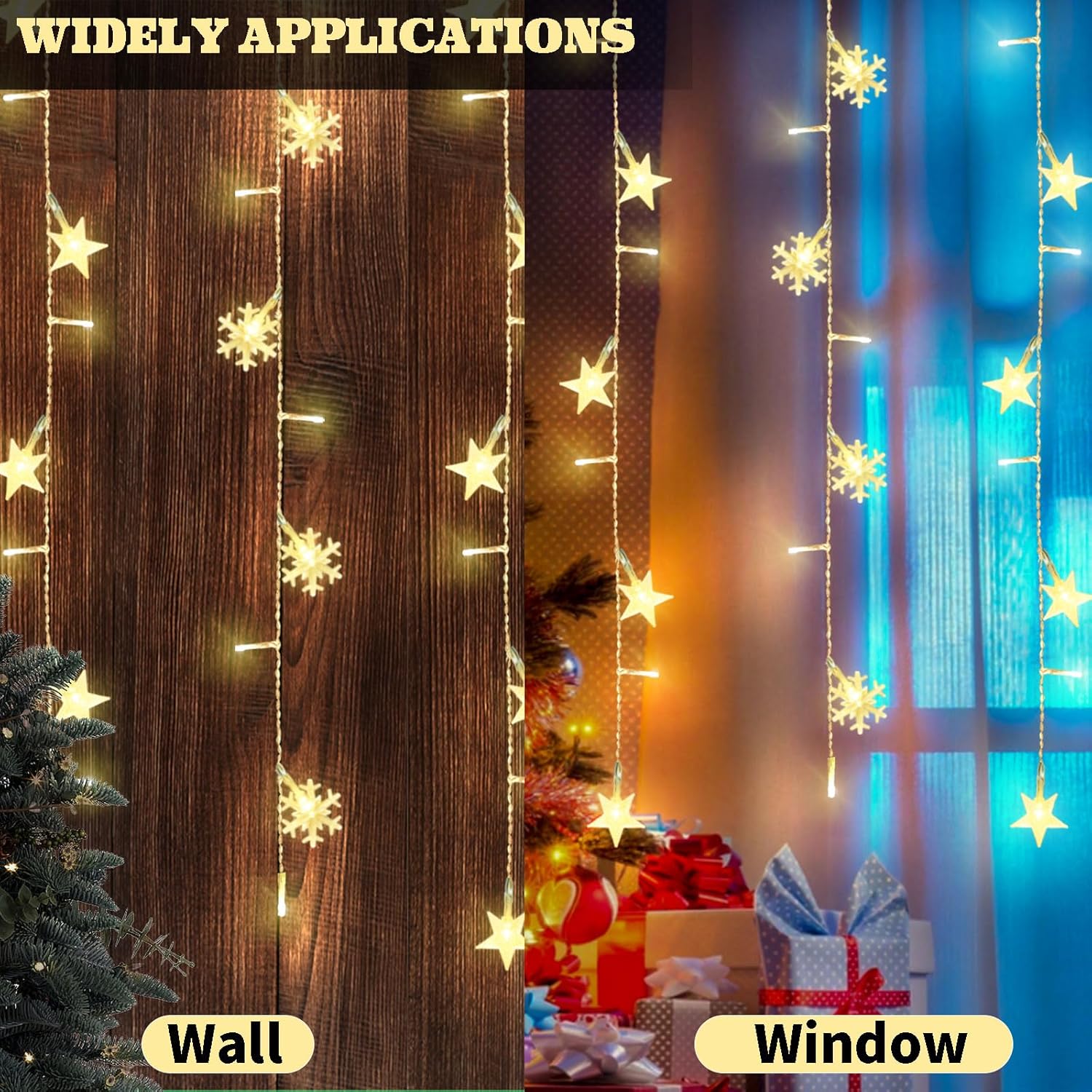 8 Modes Christmas Curtain String Lights With Snowflake And Star, Usb Plug In Wall Lights Christmas Decorations Indoor, X