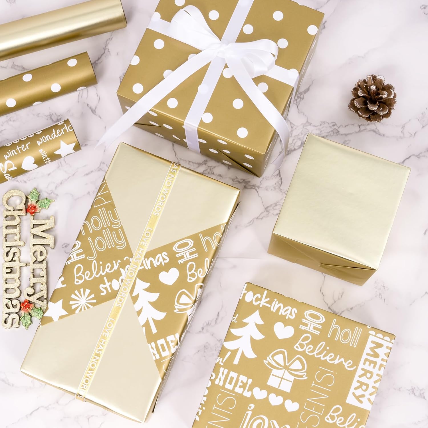 Christmas Wrapping Paper, 3 Mini Rolls White Gold Gift Wrapping Paper 17In X 120In, Metallic Solid Gold Wrapping Paper With Polka Dots Merry Christmas Design For New Year Holiday Birthday
