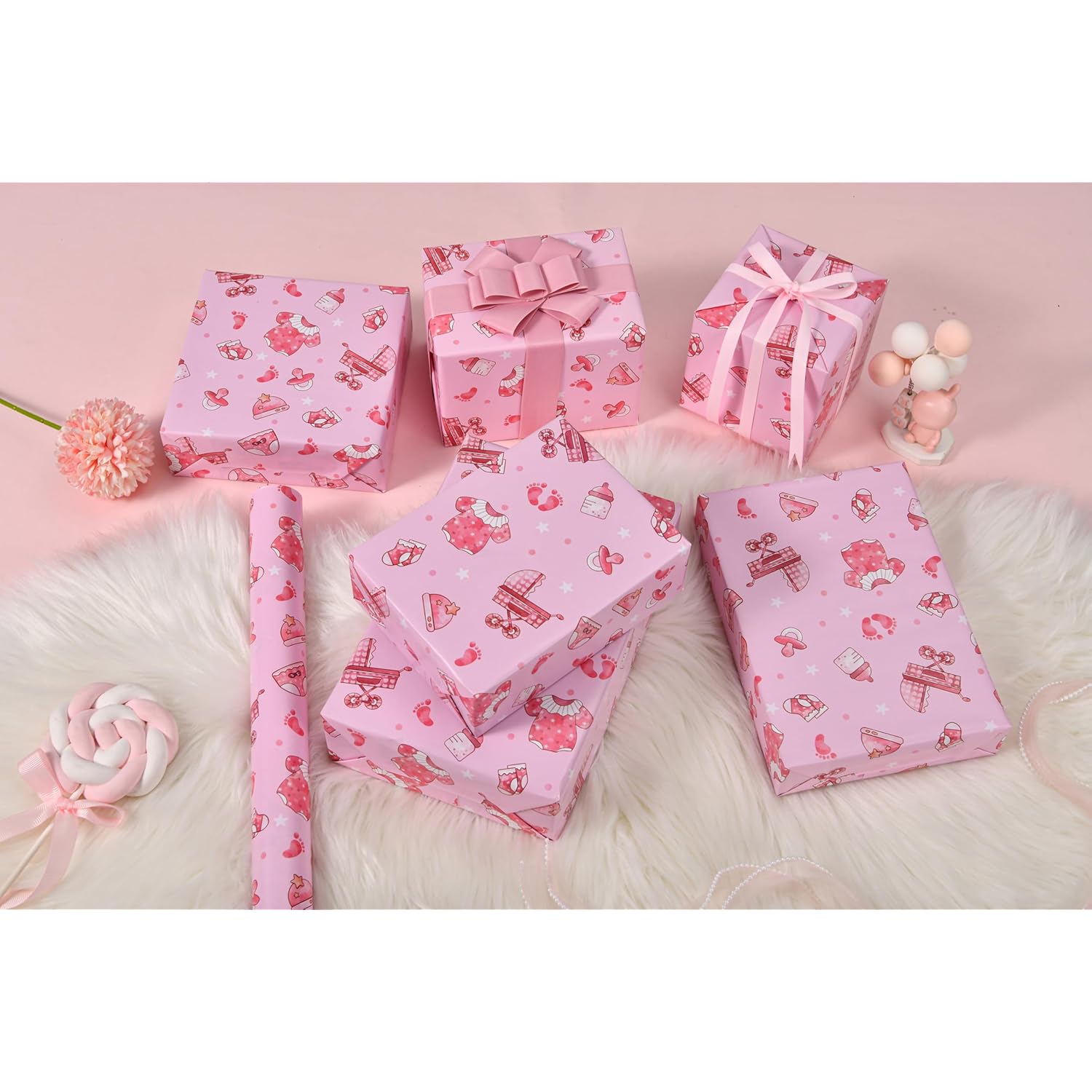 Baby Shower Wrapping Paper, 17" X 16.4 Ft – Cute Clothes, Bottles, And Footprints Design – Pink Baby Girl Gift Wrap(Pink Girl)