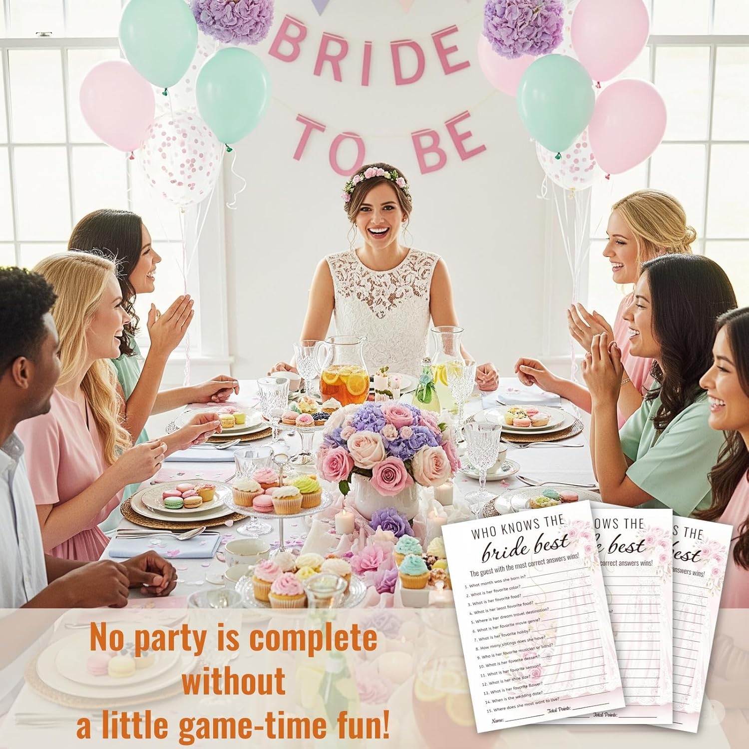 Bridal Shower Party Game Cards - Who Knows The Bride Best For Wedding Engagement Bachelorette - Watercolor Wedding Dress Roses Peonies - 30 Pcs 5X7 Inch Ready To Play Instant Fun