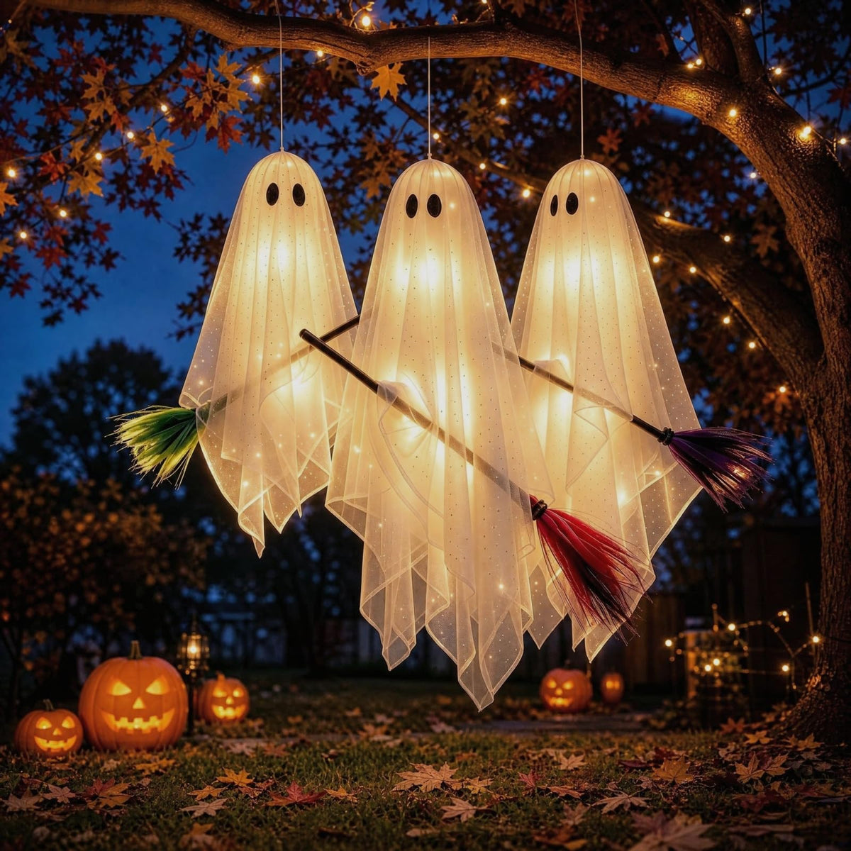 3 Pack Hanging Light Up Ghosts on Brooms Halloween Decorations Outdoor