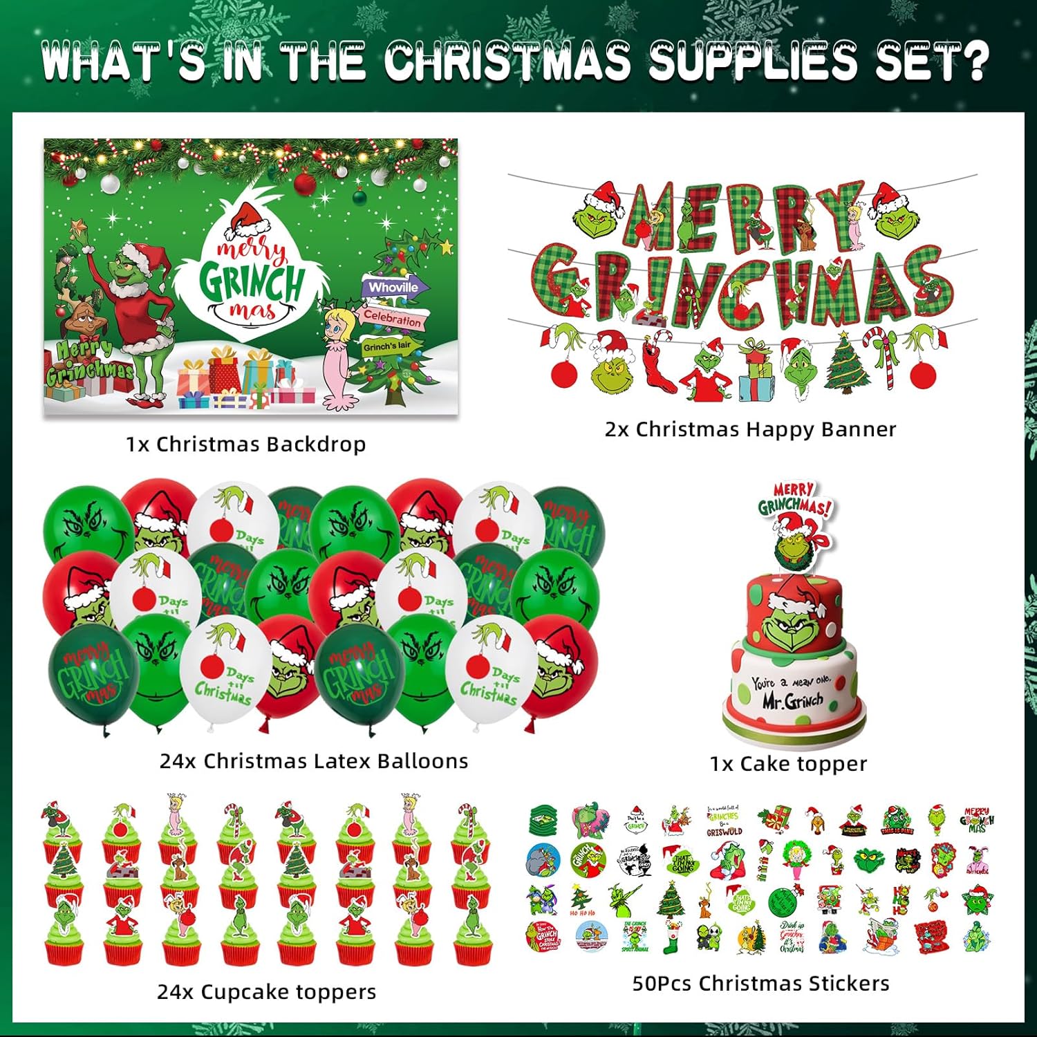 102 Pc Christmas Party Decorations Set - Includes Merry Christmas Banner, Backdrop, Cake Topper, Balloons, Stickers For Kids & Adults