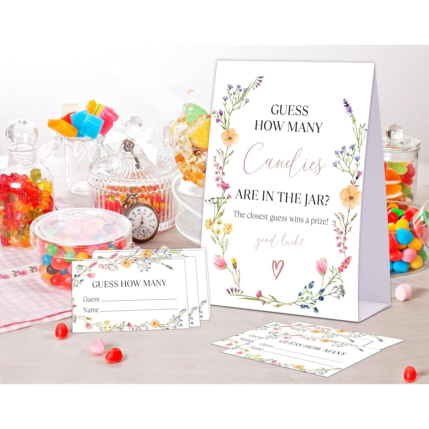 Boho Wildflowers Baby Shower Game, Guess How Many Candies Are In The Jar, Pack Of 1 Sign And 50 Guessing Cards, Baby Shower Decoration, Gender Neutral - 07