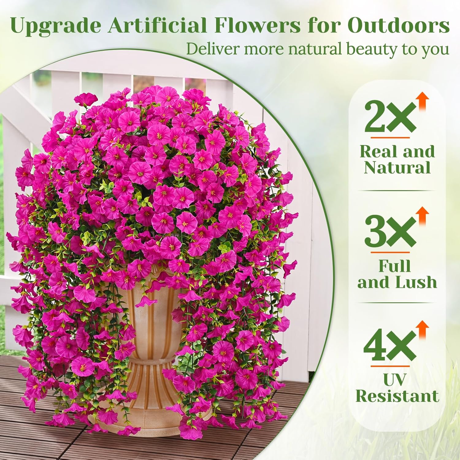 4 Pcs Look Real Artificial Flowers For Outdoors, Realistic Artificial Hanging Flowers For Outdoors, Uv Resistant Fake Hanging Plants Silk Petunia Faux Flowers For Porch Patio, Fuchsia