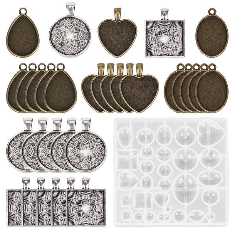 Resin Jewelry Molds Pendant Trays Making Kit With 30Pcs 5 Styles Metal Pendants And 1Pc Silicone Epoxy Casting Mold For Pendant Crafting Diy Gifts