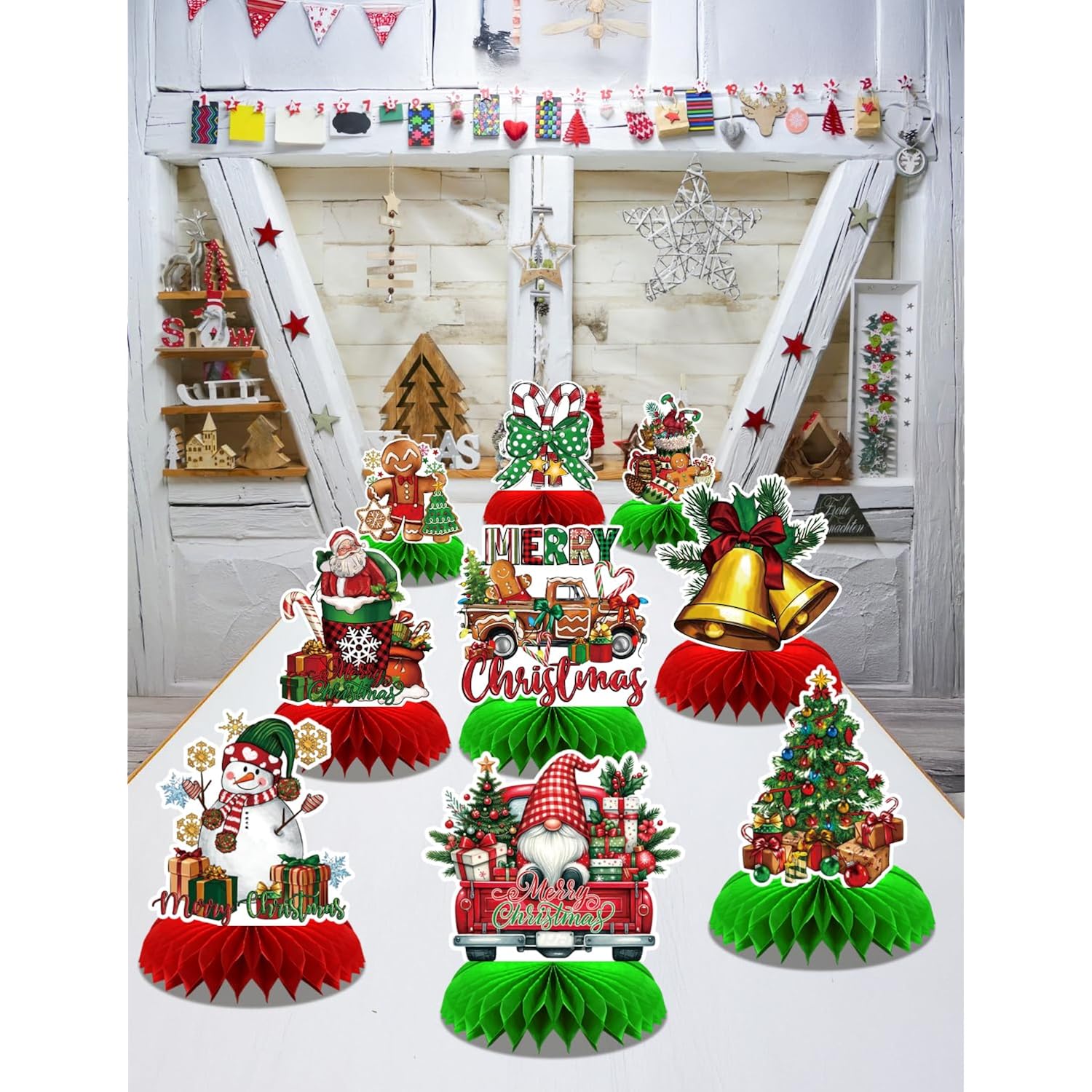 Christmas Party Table Decorations, 9Pcs 3D Christmas Honeycomb Centerpieces With Santa Claus & Snowman Designs, Festive Table Toppers For Winter Christmas Party Supplies