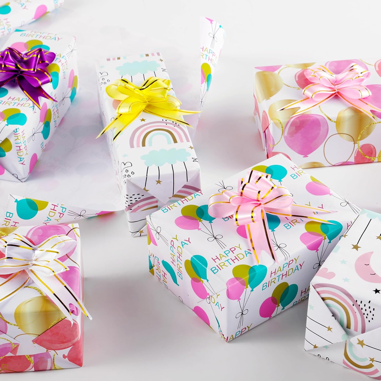 Gift Birthday Wrapping Paper, 3 Mini Rolls, 17 Inch X 9.8 Feet, Balloons, Rainbow And Sky Elements Design For Birthday, Valentines, Mothers Day, Celebration, Holiday, Party, Baby Shower