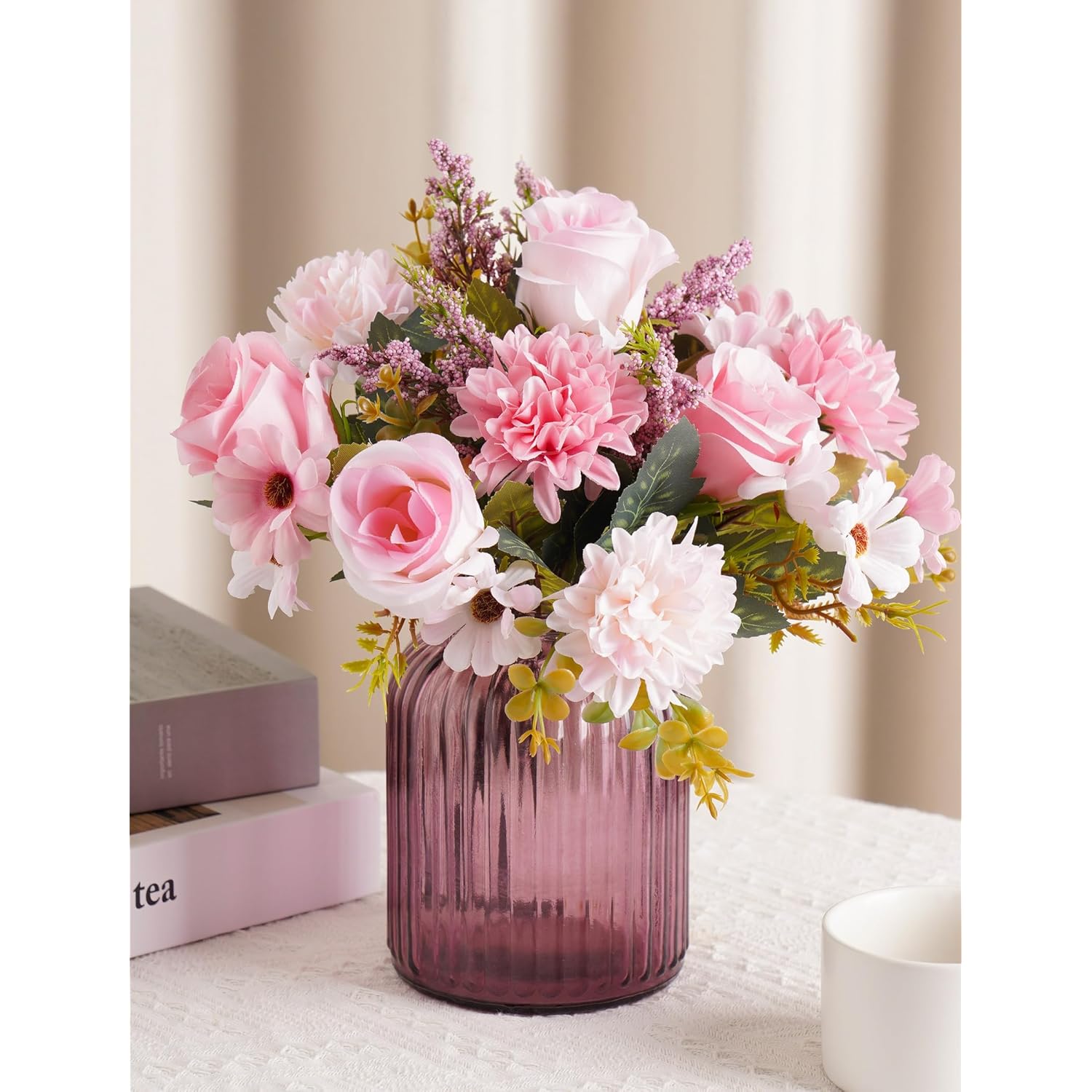 2 Bunches Pink Silk Artificial Flowers Bouquet For Home Décor, Roses, Chrysanthemums & Sunflowers Arrangement With Flexible Stems, Wedding Table Centerpieces