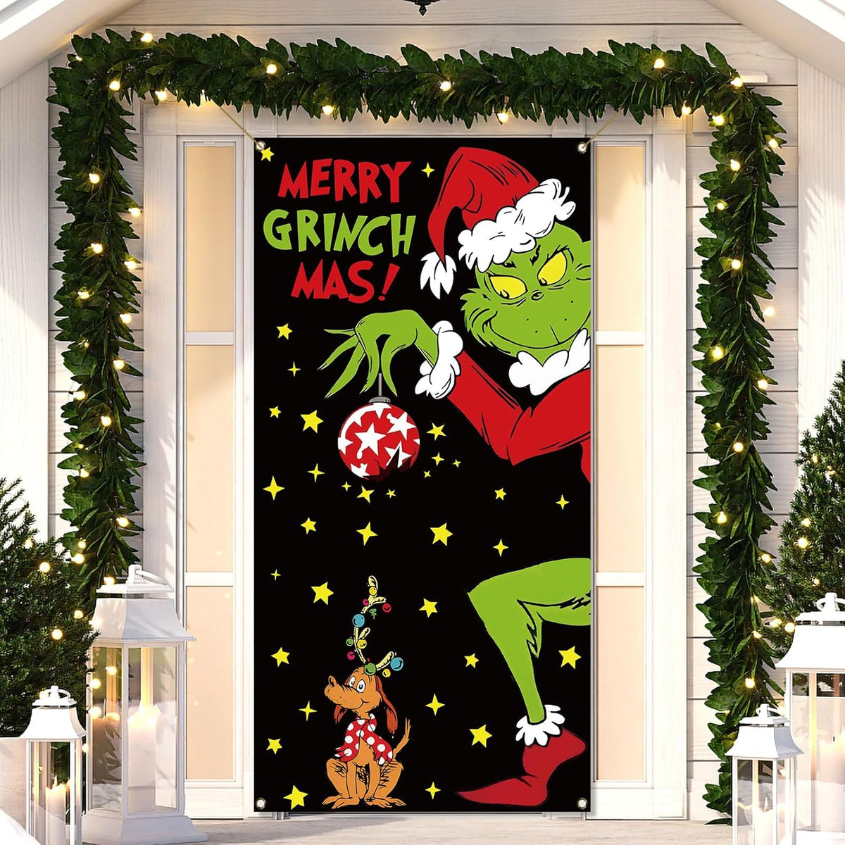 Merry Christmas Door Cover Welcome Xmas Birthday Party Decorations Green Winter Holiday Banner For Home Office Door Decor