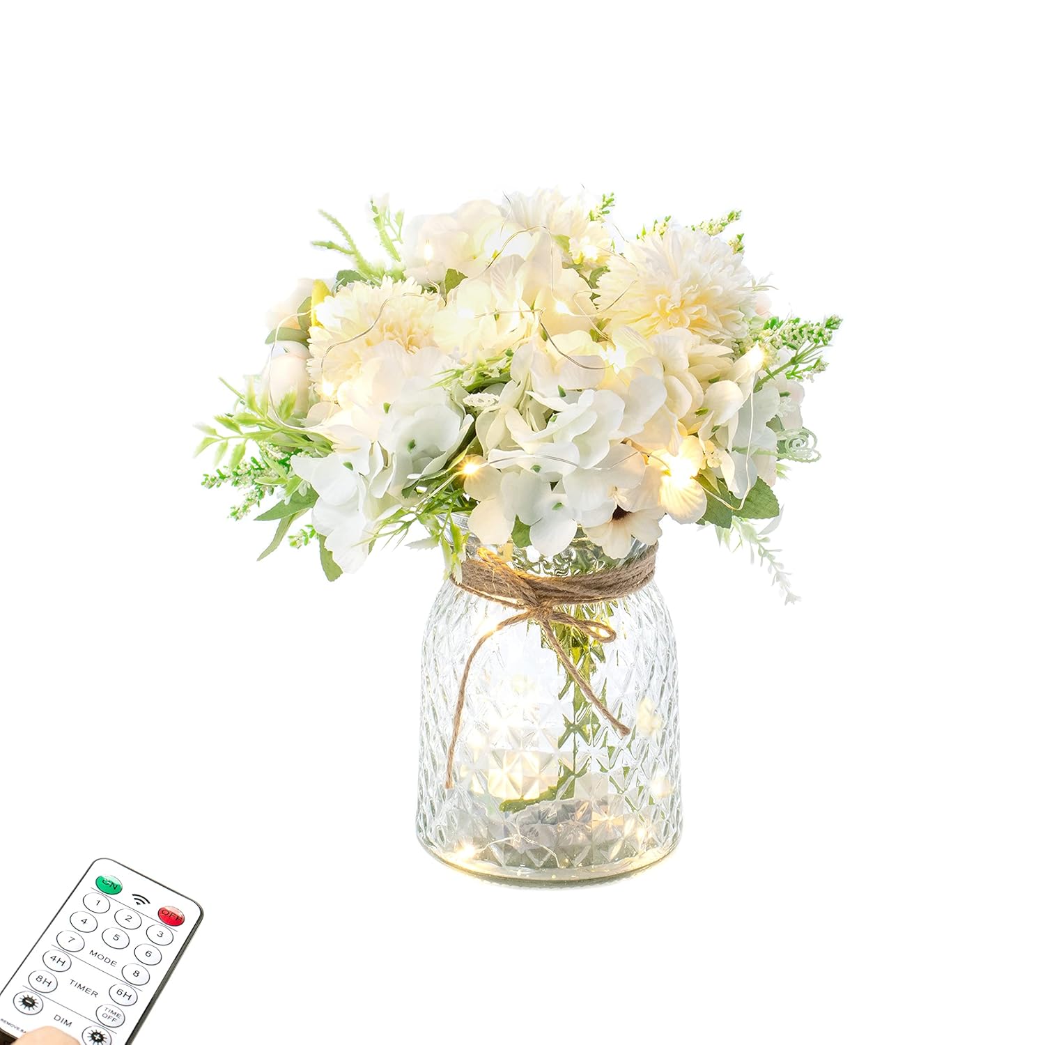 Artificial Led White Rose Flowers With Glass Vase, Remote Control Led Light, Flower Arrangement For Table Centerpiece, Home Office Wedding Decoration