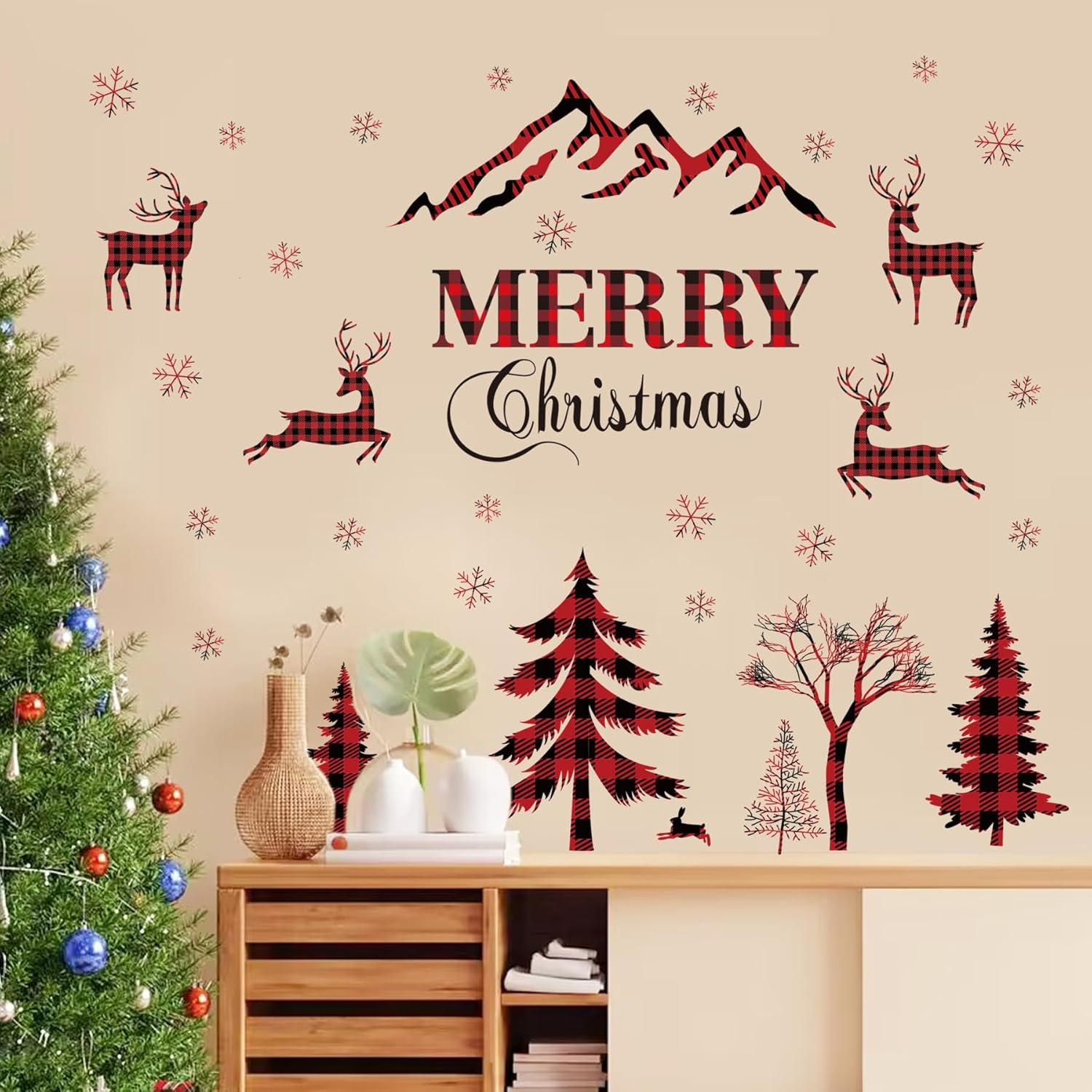 Merry Christmas Wall Decal - Red & Black Buffalo Plaid Tree, Deer Window Clings, Snow Removable Home Decor Mural, Peel And Stick For Christmas Party Supplies