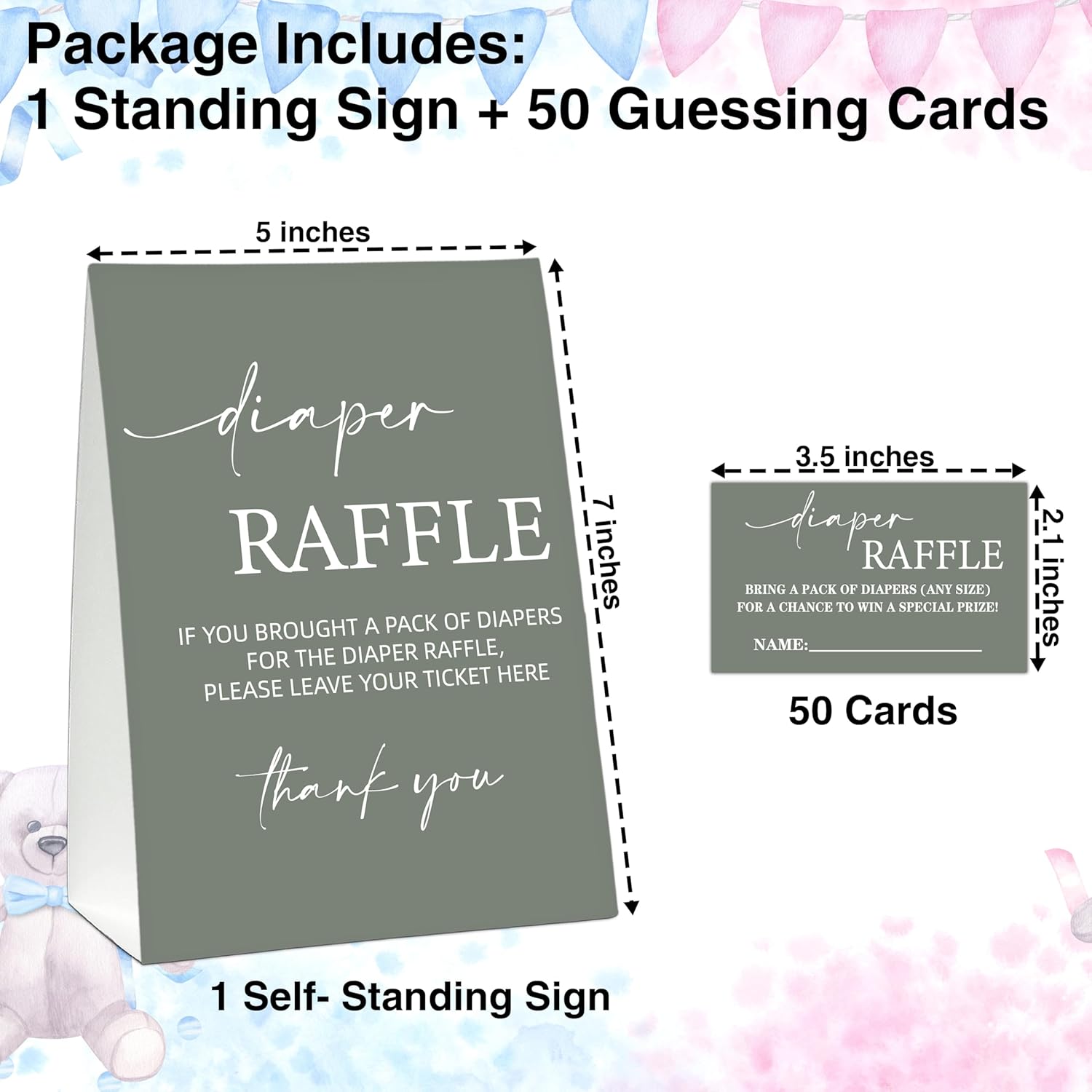 Minimalist Baby Shower Games, 50 Diaper Raffle Tickets + 1 Self-Standing Sign For Gender Reveal Baby Announcement Party Favor Supplies - B06