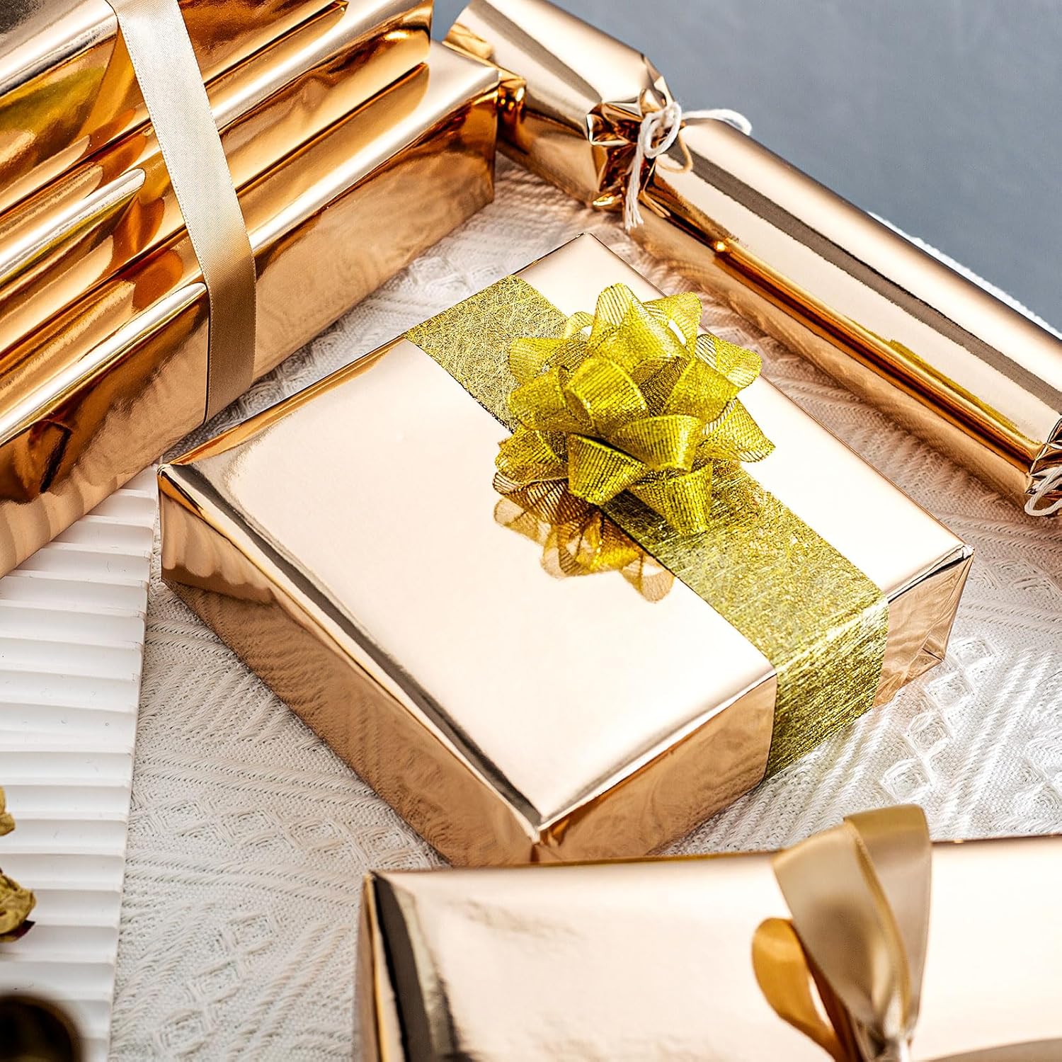Dark Gold Wrapping Paper Roll - 17 In X 32.8 Ft(46.5 Sq.Ft.) Champagne Gold Gift Wrap With Grid Cutting Lines For Christmas, Wedding, Birthday, Valentines Day, Mothers Day, Baby Shower