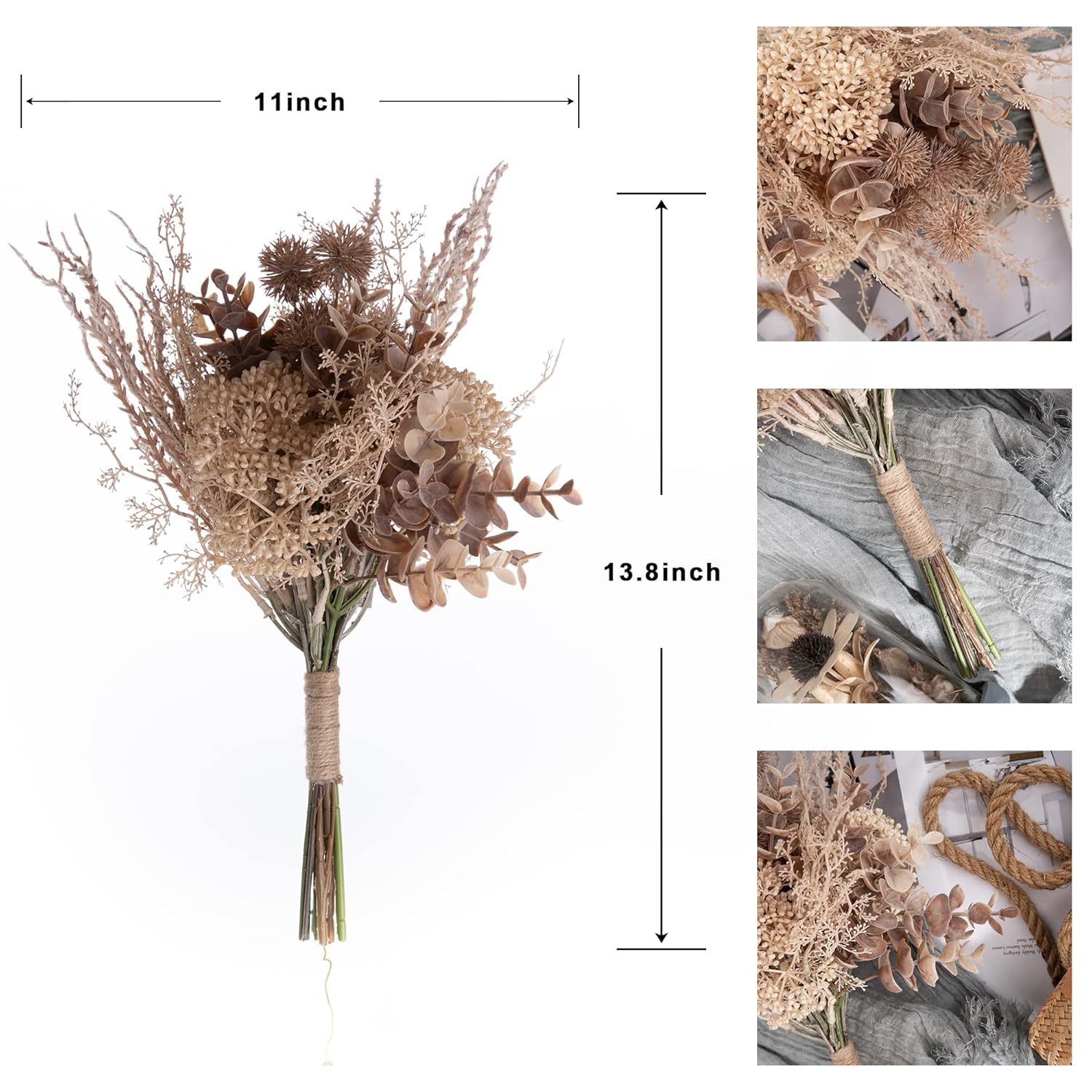 2 Pack Boho Artificial Flowers Plants Bouquet Decoration 13.8Inch, Fake Plastic Brown Eucalyptus And Beige Grasses, Faux Floral Arrangement For Wedding Centerpieces Party Home Fall Decor