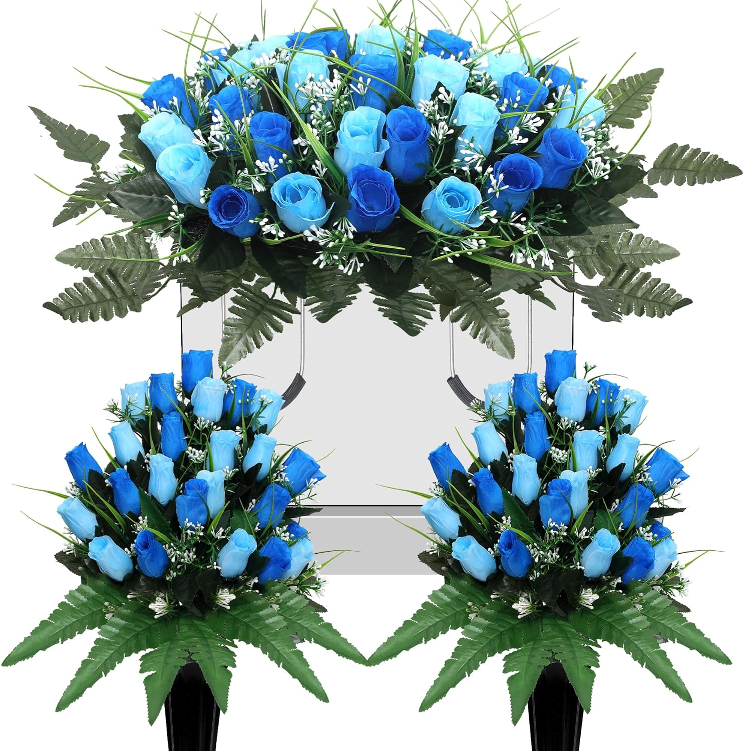 3Pack Artificial Cemetery Flowers For Grave,Headstone Flower Saddle Gravesite Decoration Roses Memorial Bouquets With Cemetery Vase For Cemetery Decorations Non-Fading Easy Fit (Blue)